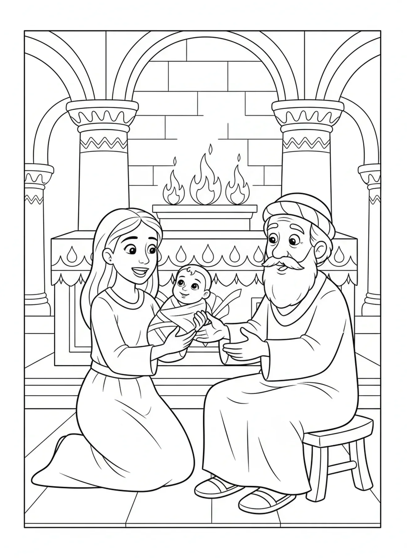 Ana entregando al bebé Samuel a Elí en el templo, página para colorear de la oración de Ana para niños de 5 a 10 años.