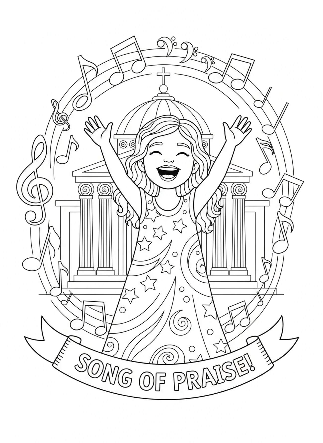 Hannah cantando una canción de alabanza, página para colorear del Templo de Oración de Hannah para niños de 5 a 10 años.