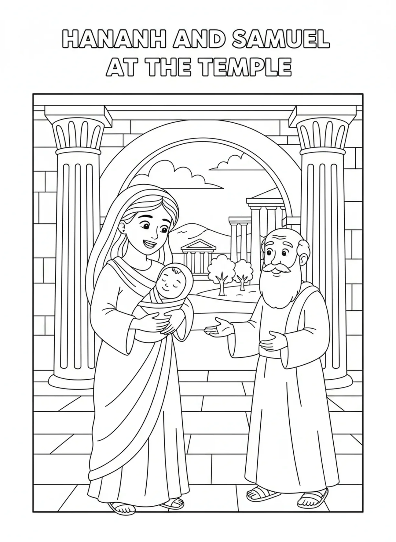Hannah sosteniendo al bebé Samuel en el templo, página para colorear de la oración de Hannah para niños de 5 a 10 años.