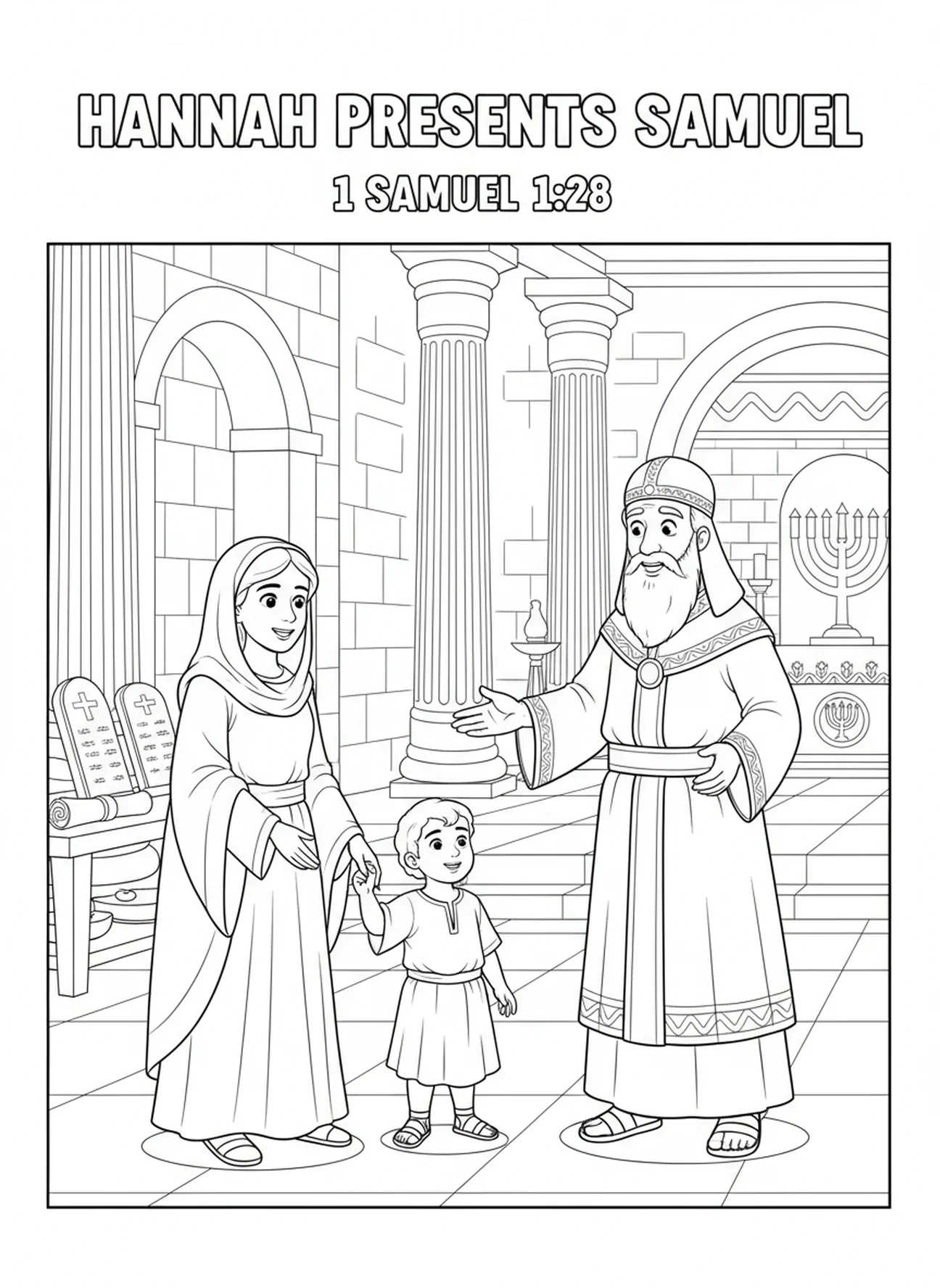Hannah geeft Samuel aan de tempel, kleurplaat van Hannah's gebed in de tempel voor Zondagsschoolkinderen van 5-12 jaar.