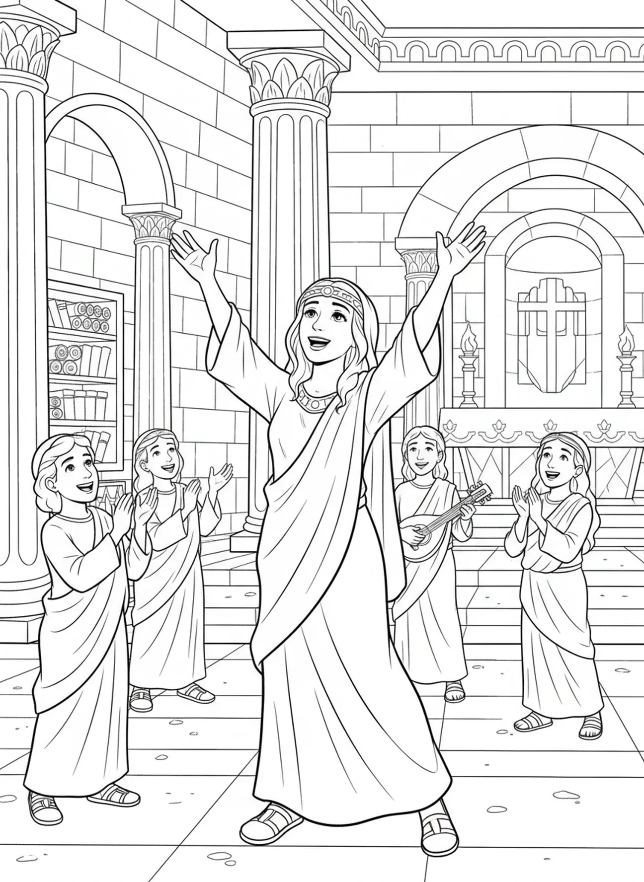 Hanna aanbidt God, kleurplaat van Hanna in de tempel voor Zondagsschoolkinderen van 5-12 jaar.