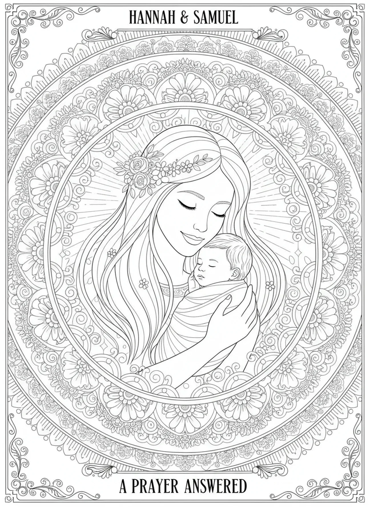 Hannah, die das Baby Samuel hält, Ausmalbild von Hannahs Gebet im Stil des Bibel-Journalings für Erwachsene