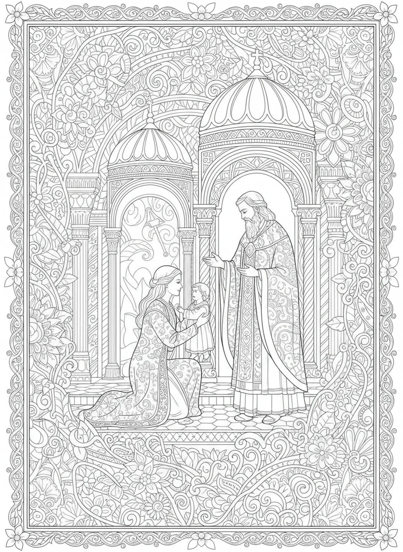 Hannah, die Samuel im Tempel präsentiert, Ausmalbild für Erwachsene im Stil des Bibeljournaling
