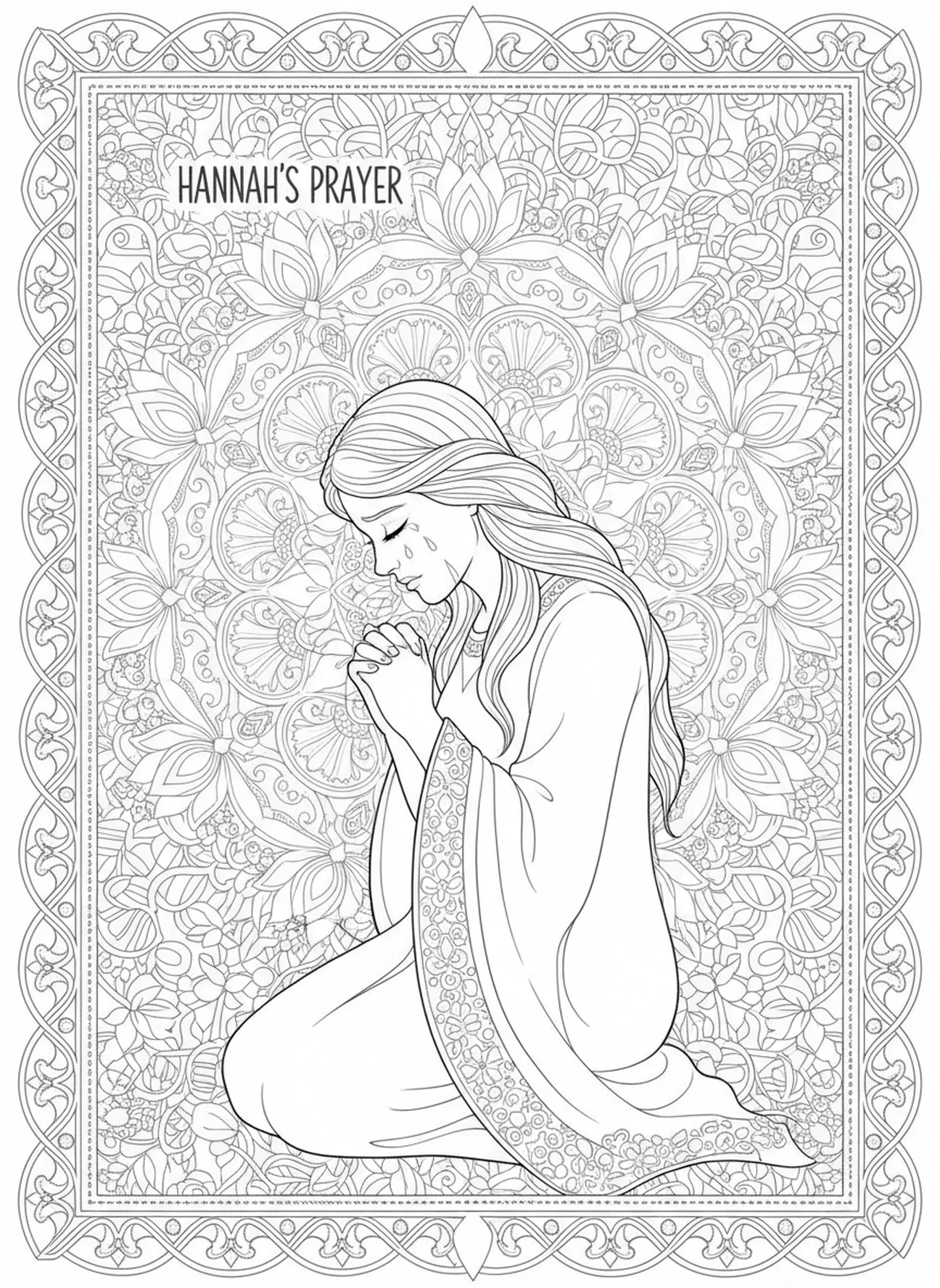 Hannah im Gebet, Ausmalbild von Hannahs Gebet für Erwachsene im Stil des Bibel-Journalings