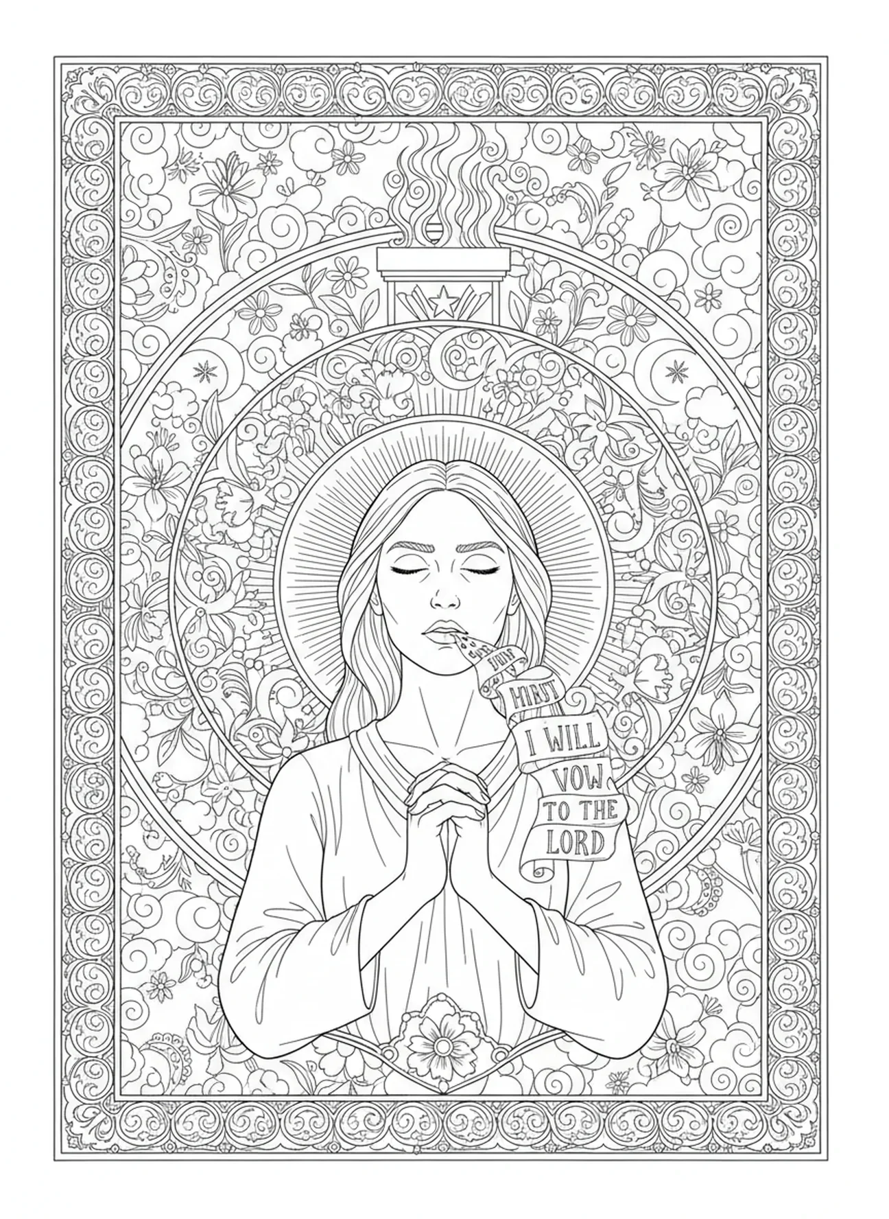 Hannah legt ein Gelübde ab, Ausmalbild von Hannahs Gebet im Stil des Bibel-Journalings für Erwachsene
