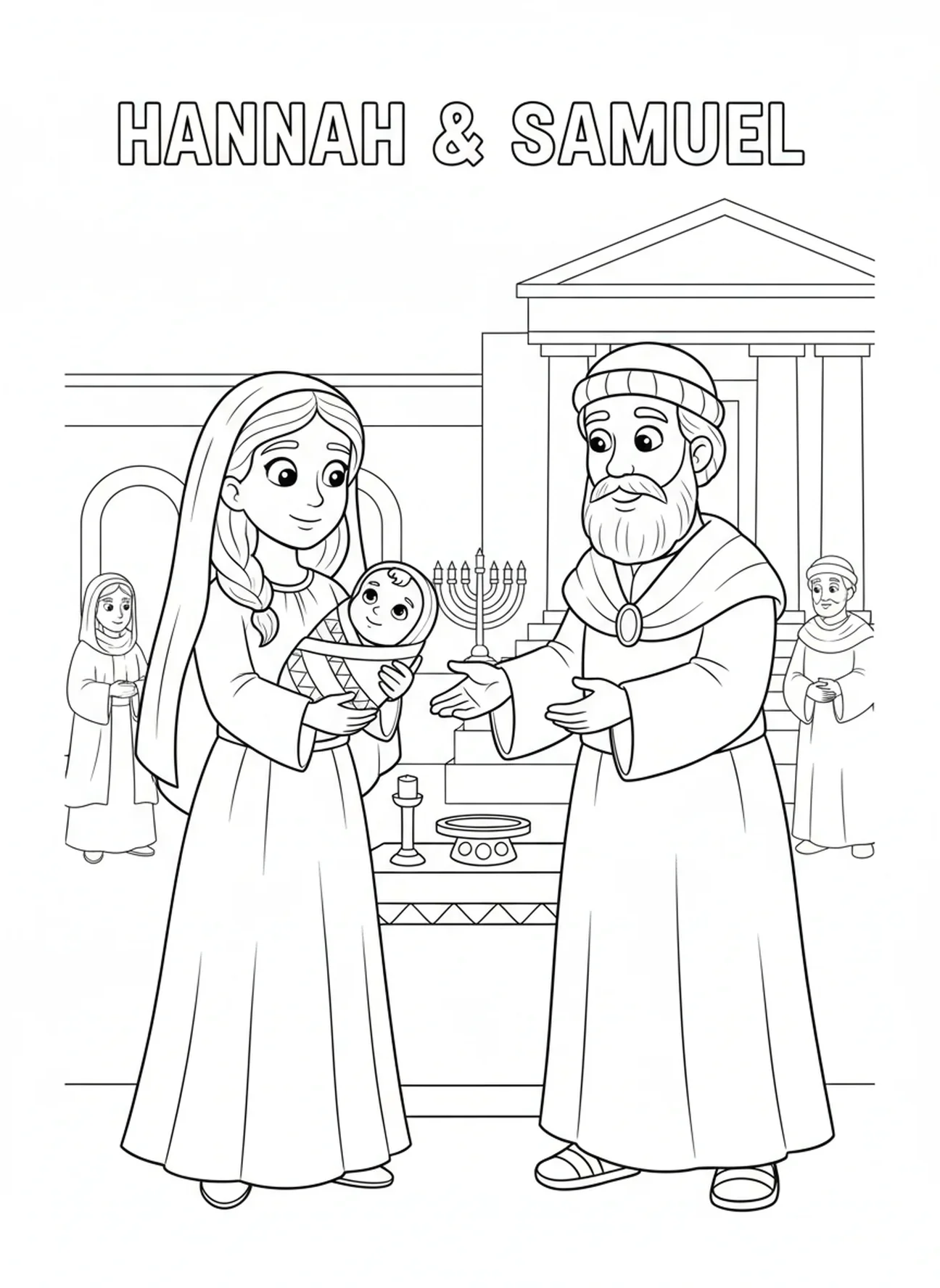 Hannah apresentando o bebê Samuel a Eli, página de colorir sobre a oração de Hannah para crianças de 5 a 10 anos.