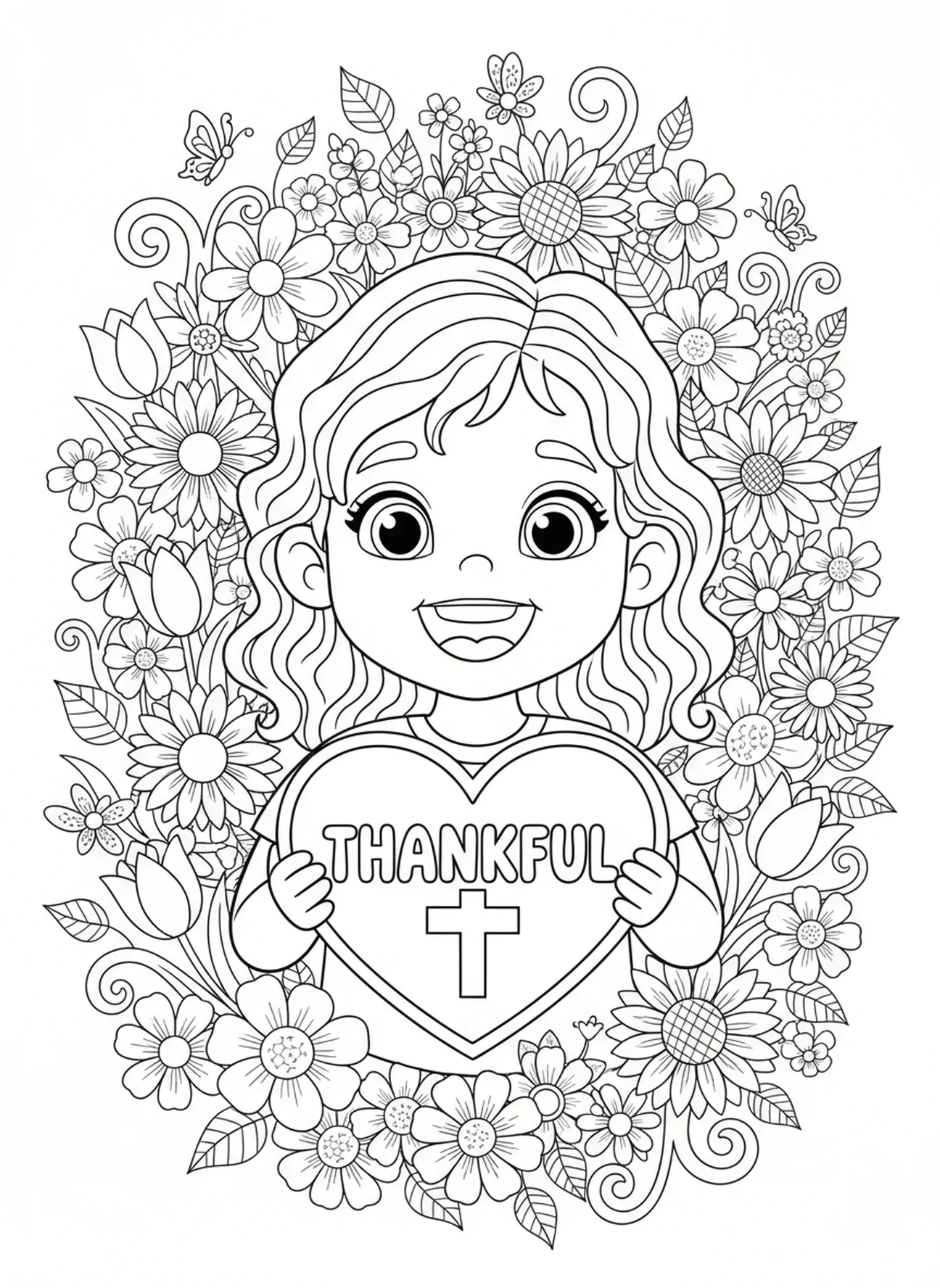 Hannah sorrindo com um coração agradecido, página para colorir a Oração de Hannah para crianças de 5 a 10 anos.