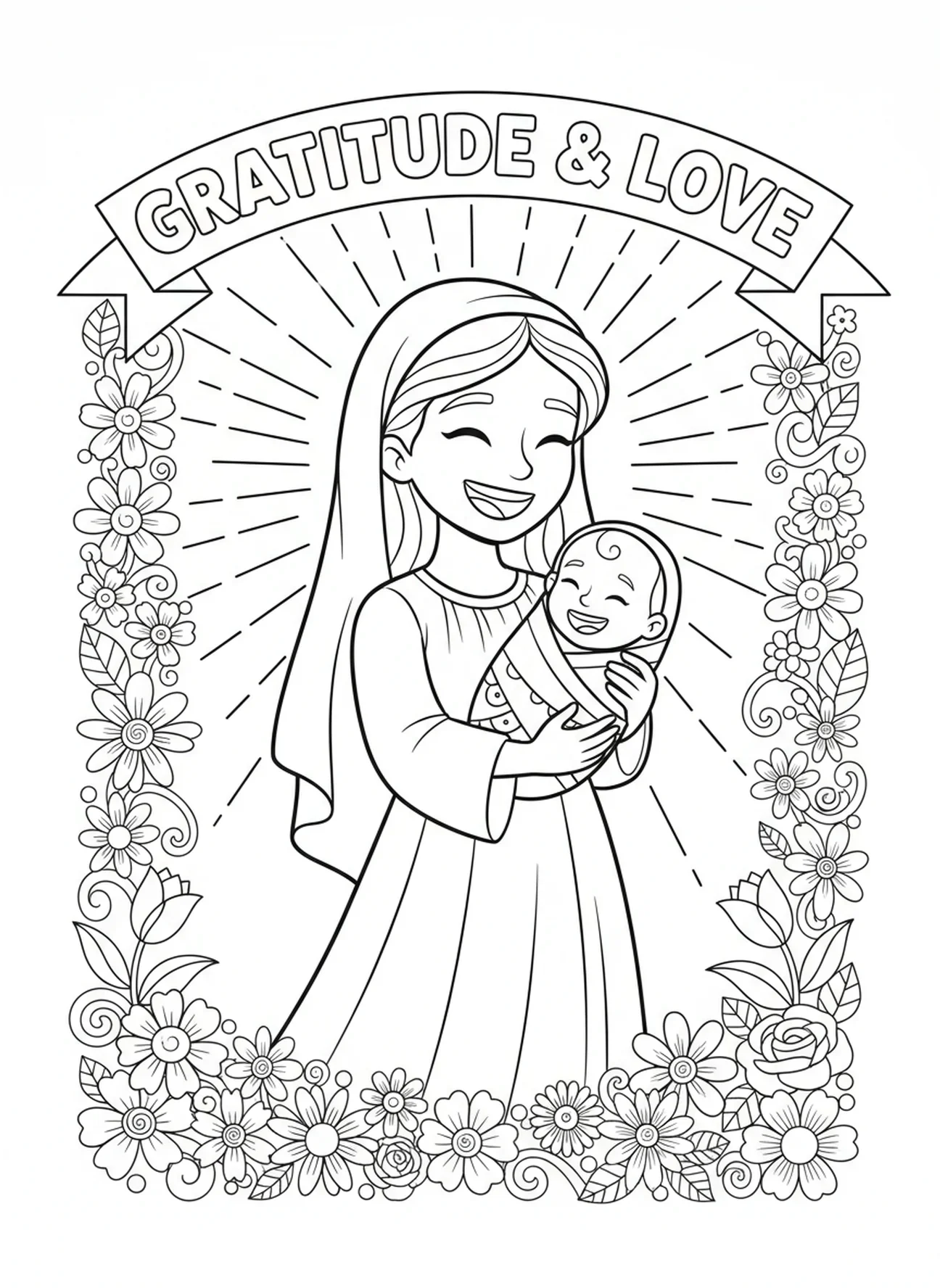 Hannah segurando alegremente o bebê Samuel, página de colorir sobre a Oração de Hannah para crianças de 5 a 10 anos.