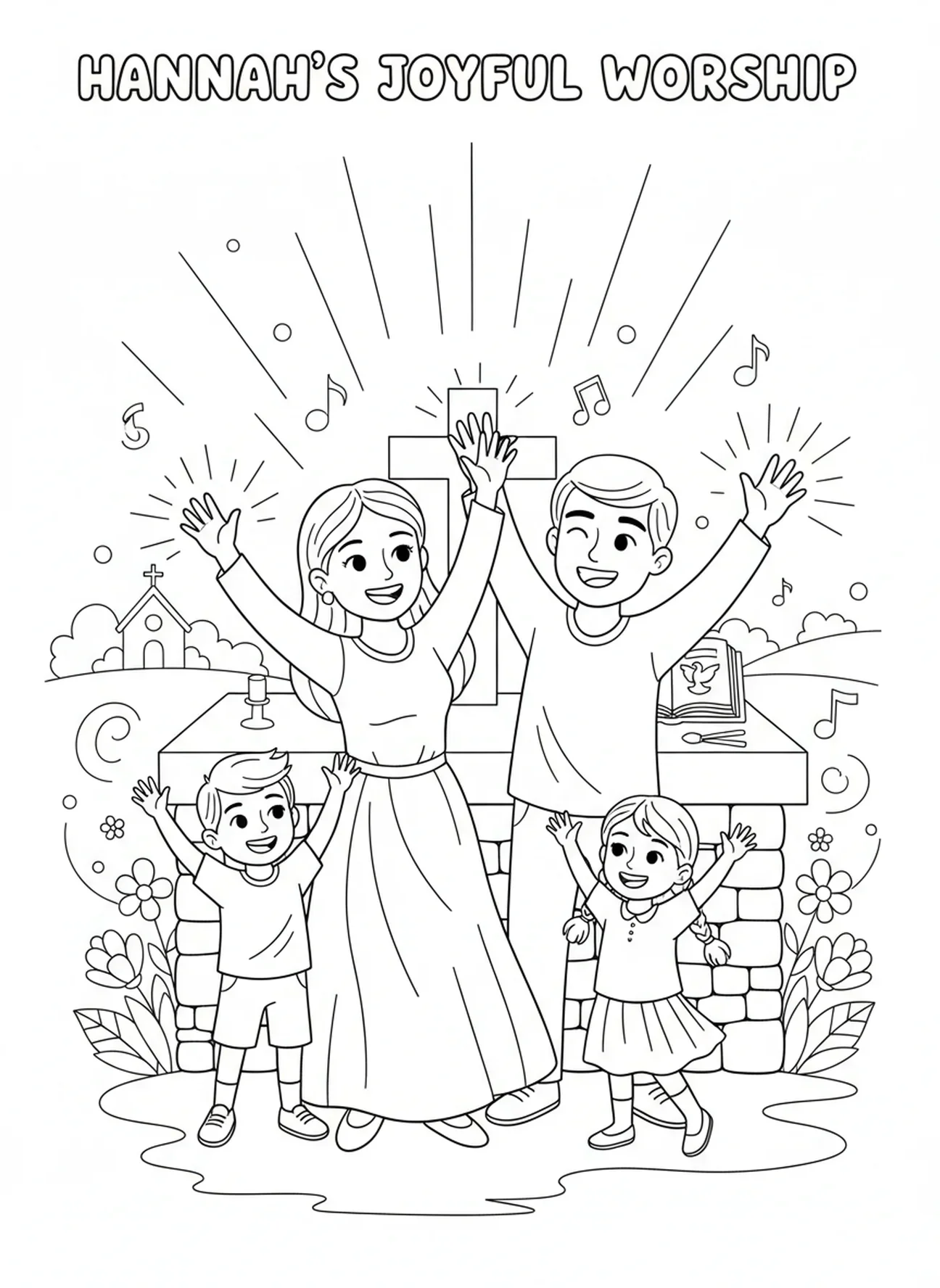 Hana adorando alegremente com a família, página de colorir da Oração de Hana para crianças de 5 a 10 anos.