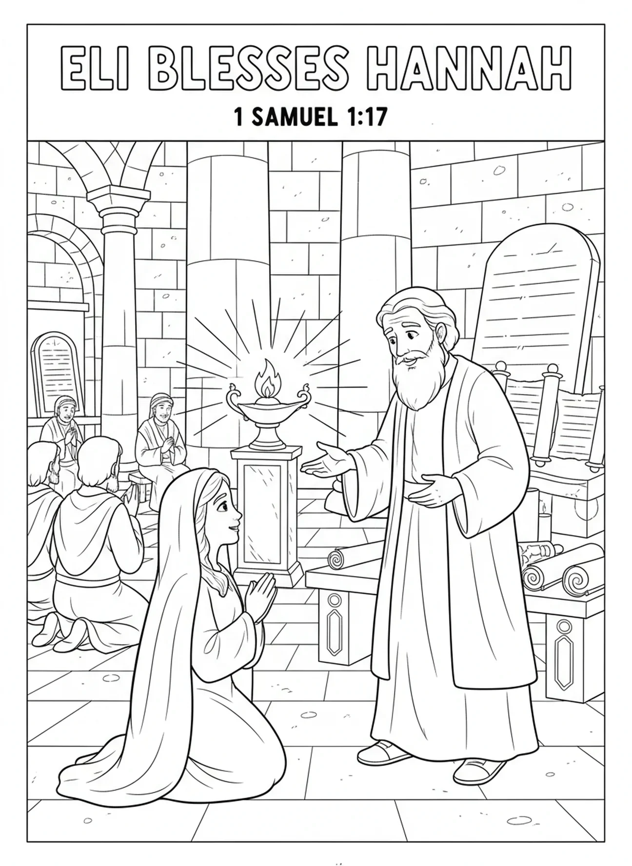 Le prêtre Éli parlant à Anne, page à colorier de la prière d'Anne pour les enfants de l'École du dimanche âgés de 5 à 12 ans.