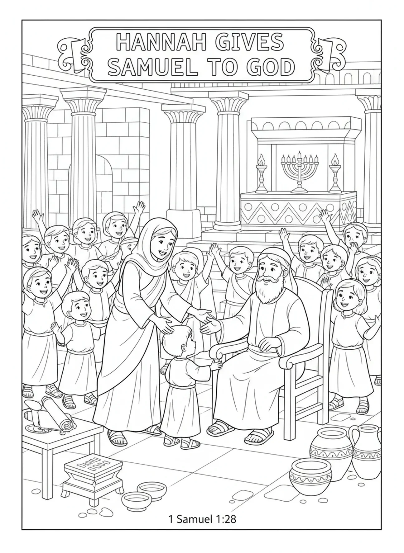 Hannah consacrant Samuel à Eli, page à colorier de la prière d'Hannah pour les enfants de l'École du dimanche âgés de 5 à 12 ans.