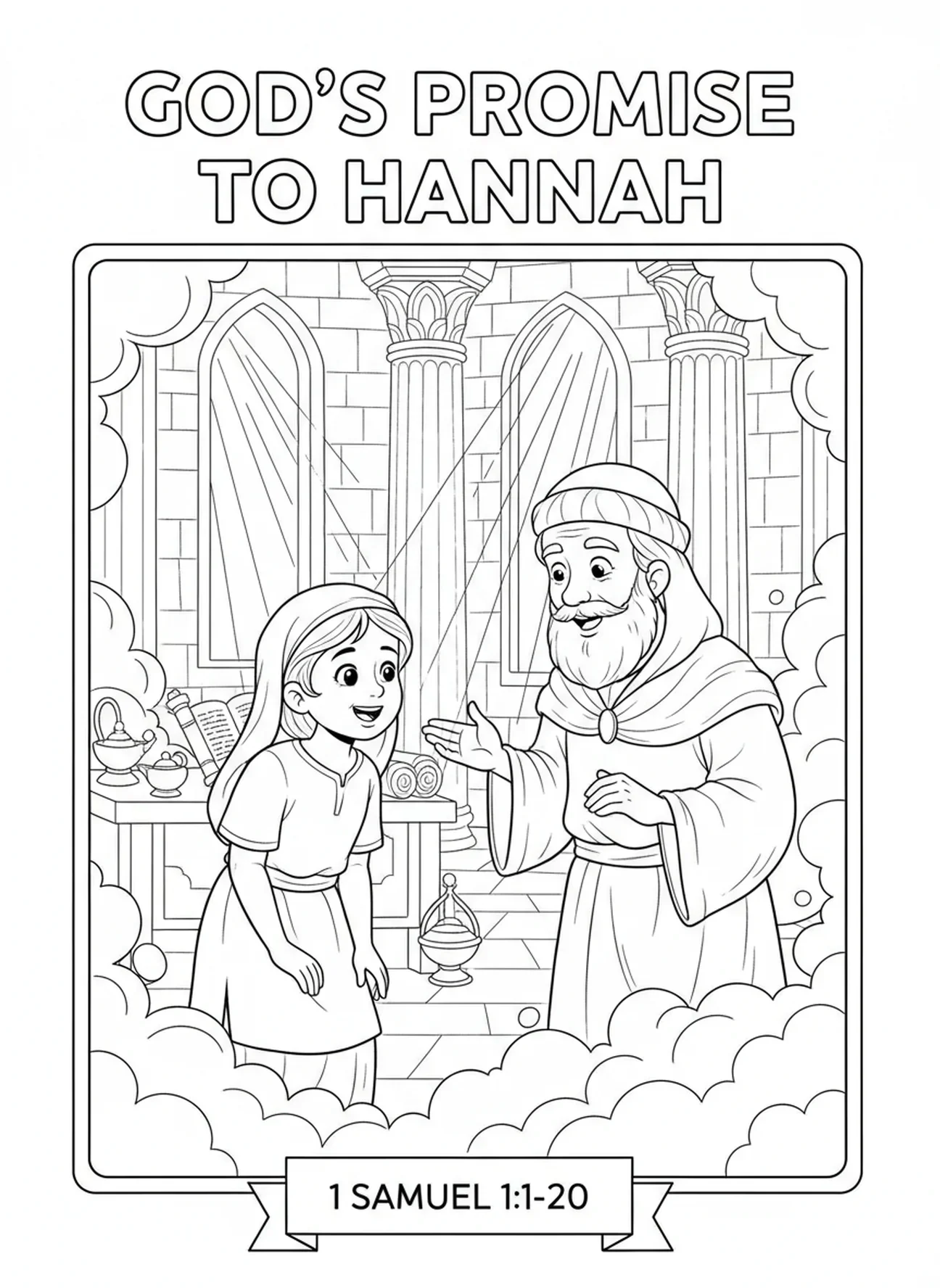 Anne recevant joyeusement l'espoir, page à colorier de la prière d'Anne pour les enfants de l'École du dimanche âgés de 5 à 12 ans.