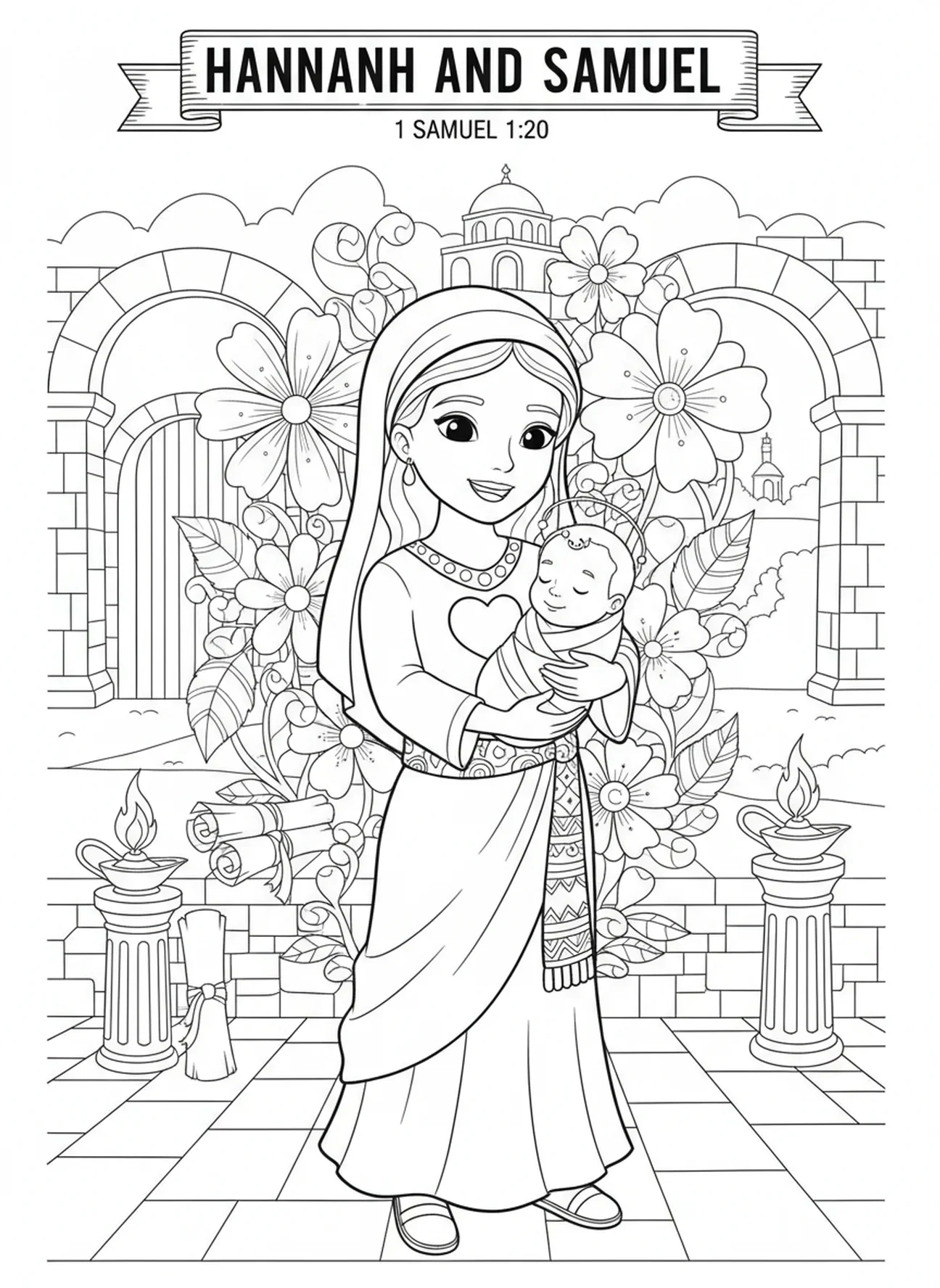 Hannah tenant le bébé Samuel, page à colorier de la prière d'Hannah pour les enfants de l'École du dimanche âgés de 5 à 12 ans.