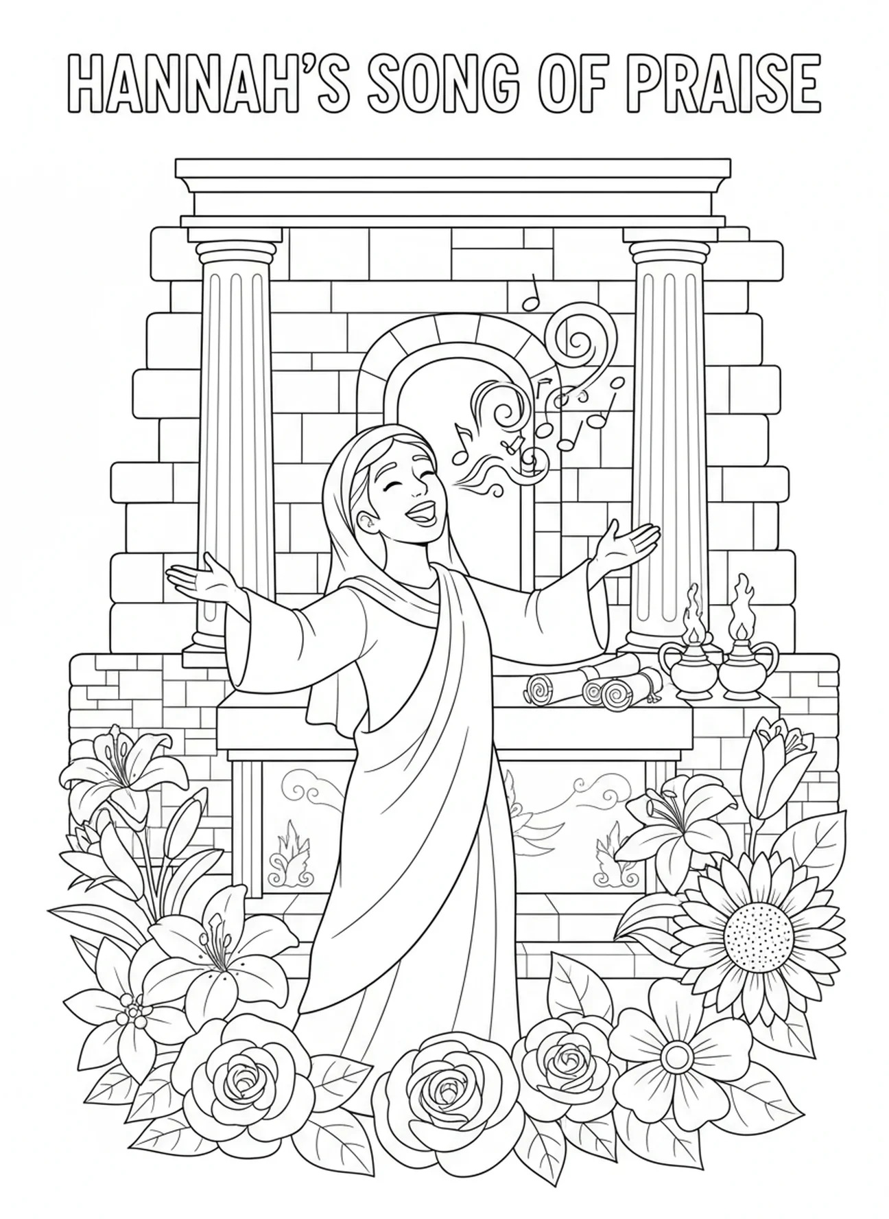 Hannah chantant un cantique de louange, page à colorier de la prière d'Hannah pour les enfants de l'École du dimanche âgés de 5 à 12 ans.