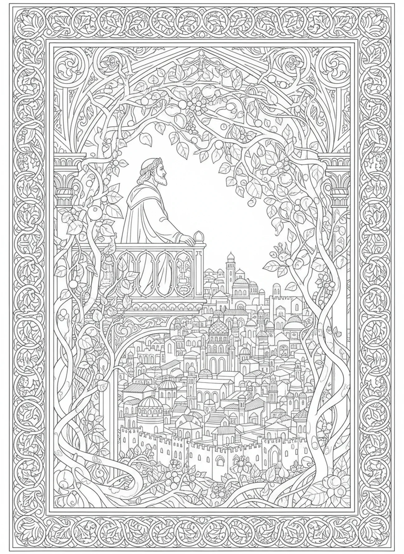 Hiskia beobachtet Jerusalem, Hiskia Ausmalbild für Erwachsene im Bibel-Journaling-Stil.
