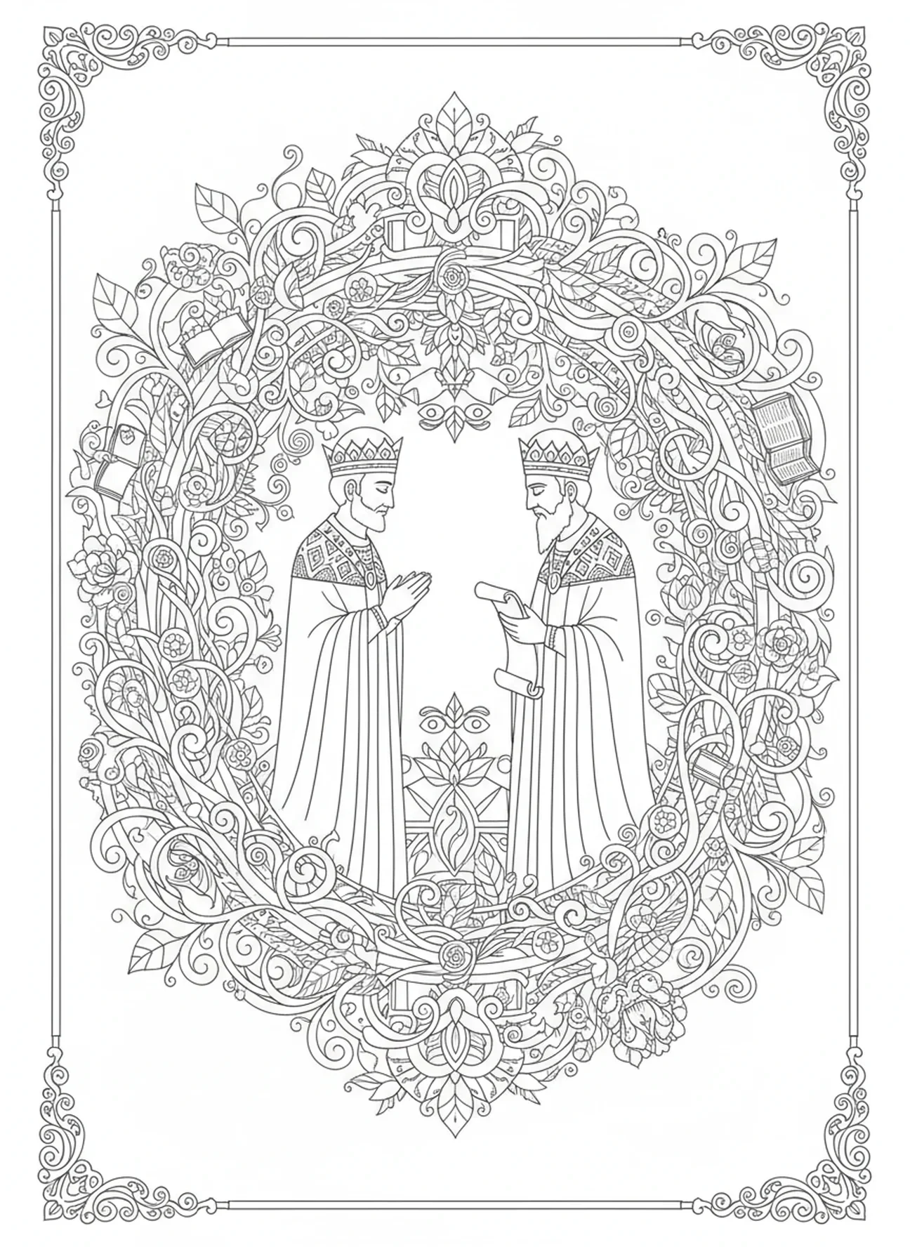 Hiskia und Jesaja, Hiskia Ausmalbild für Erwachsene im Bibel-Journaling-Stil.