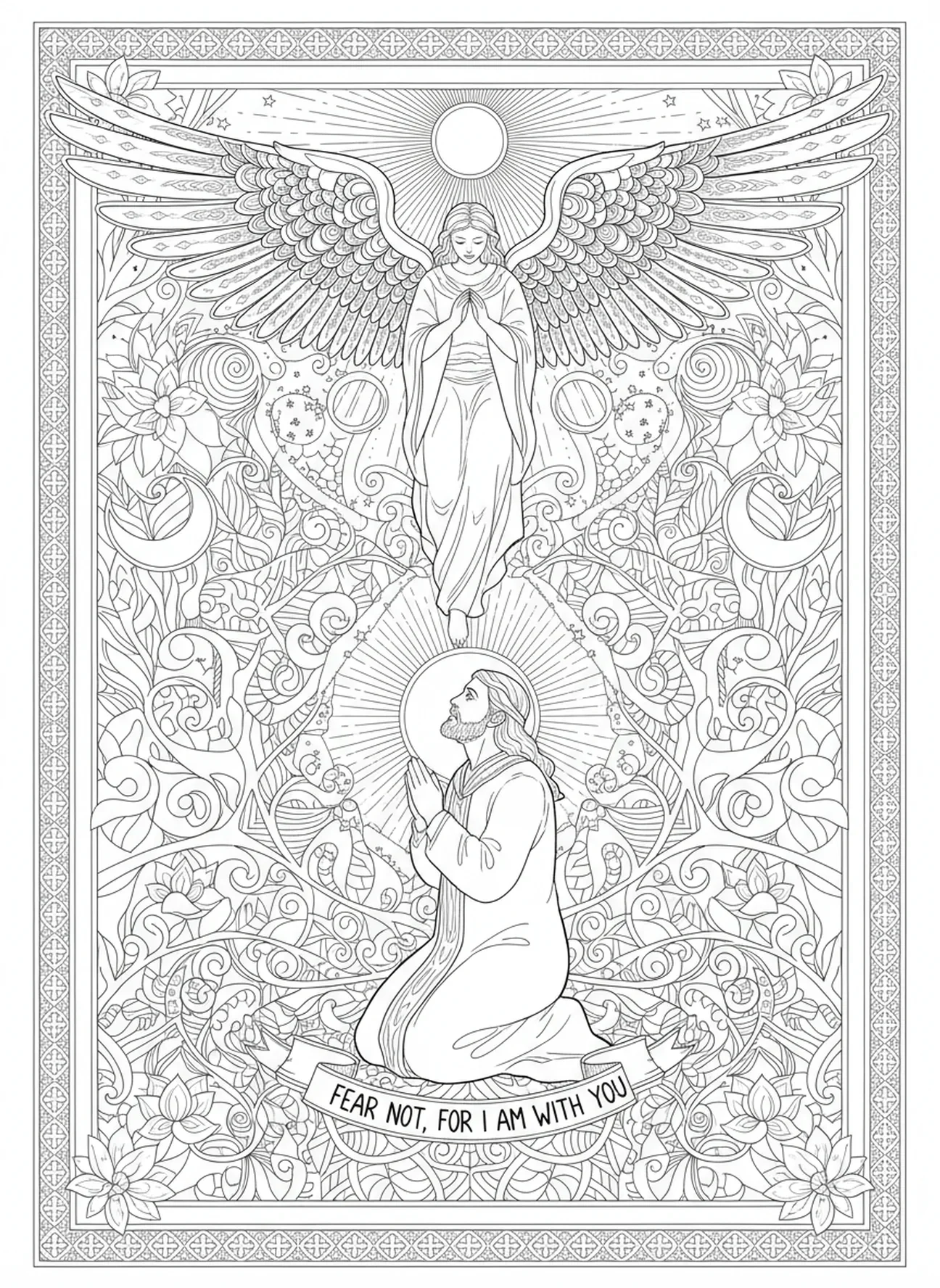 Hiskia spricht mit einem Engel, Hiskia Ausmalbild für Erwachsene im Bibel-Journaling-Stil.