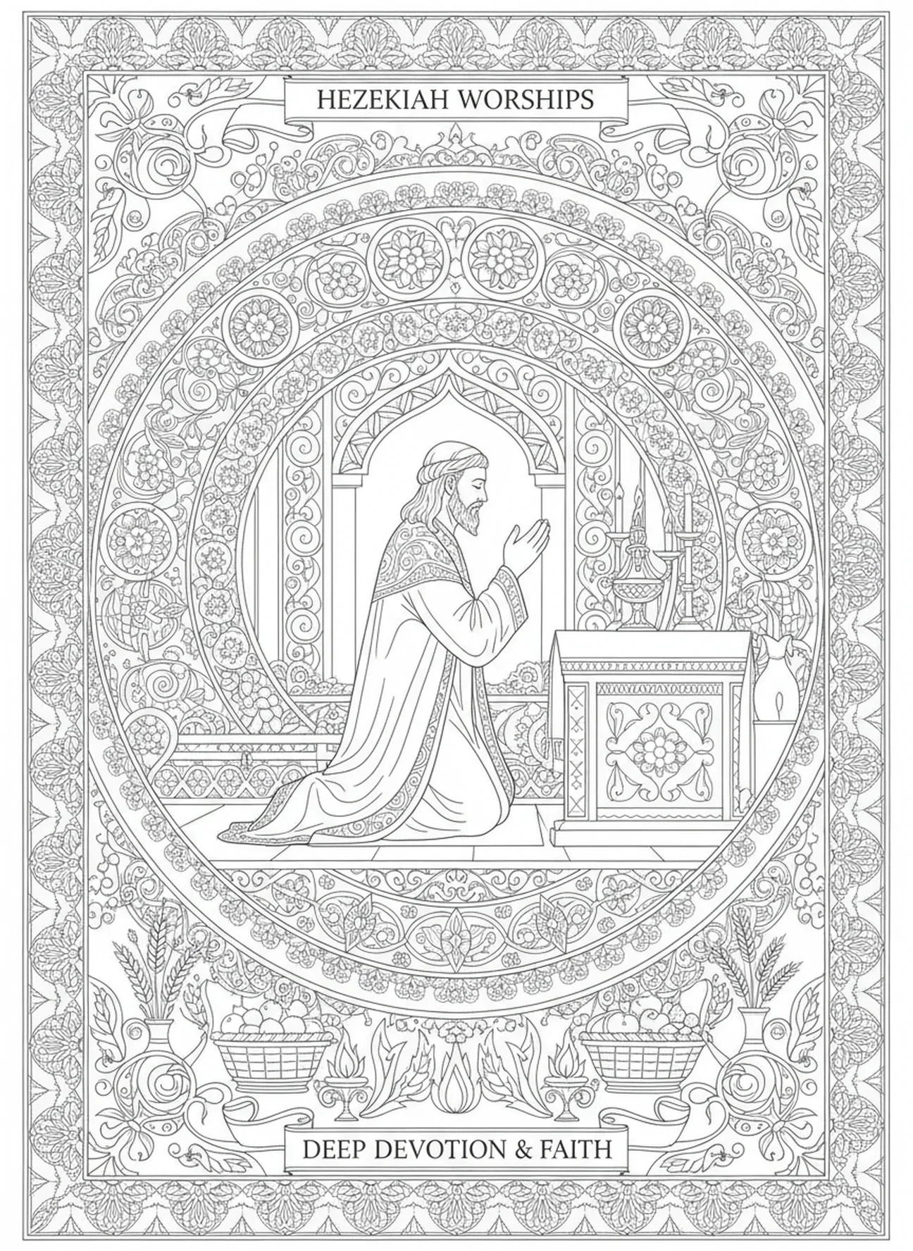 Hiskia im Tempel, Hiskia Ausmalbild für Erwachsene im Bibel-Journaling-Stil.