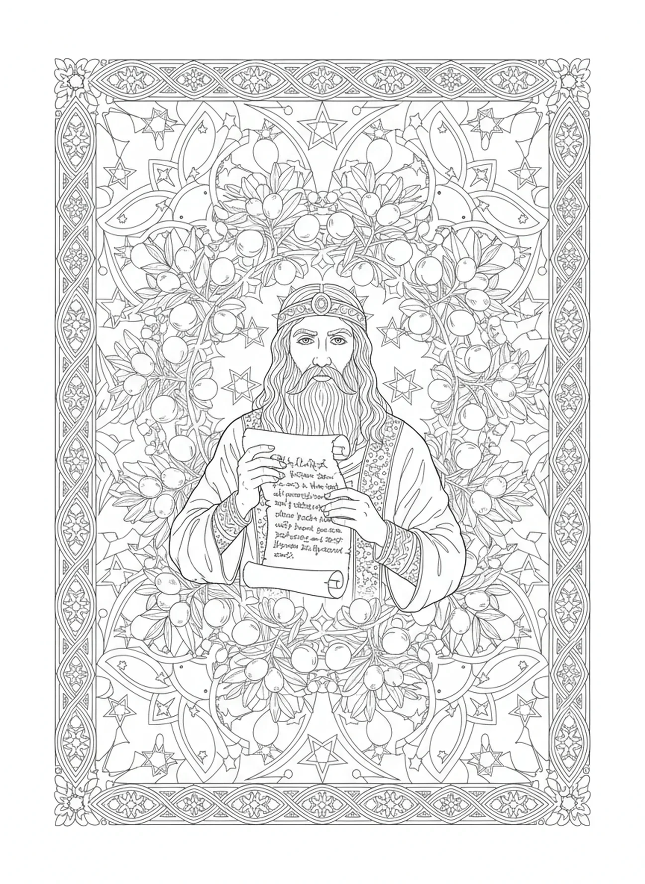 Hiskia hält eine Schriftrolle, Hiskia Ausmalbild für Erwachsene im Stil des Bibeljournaling.