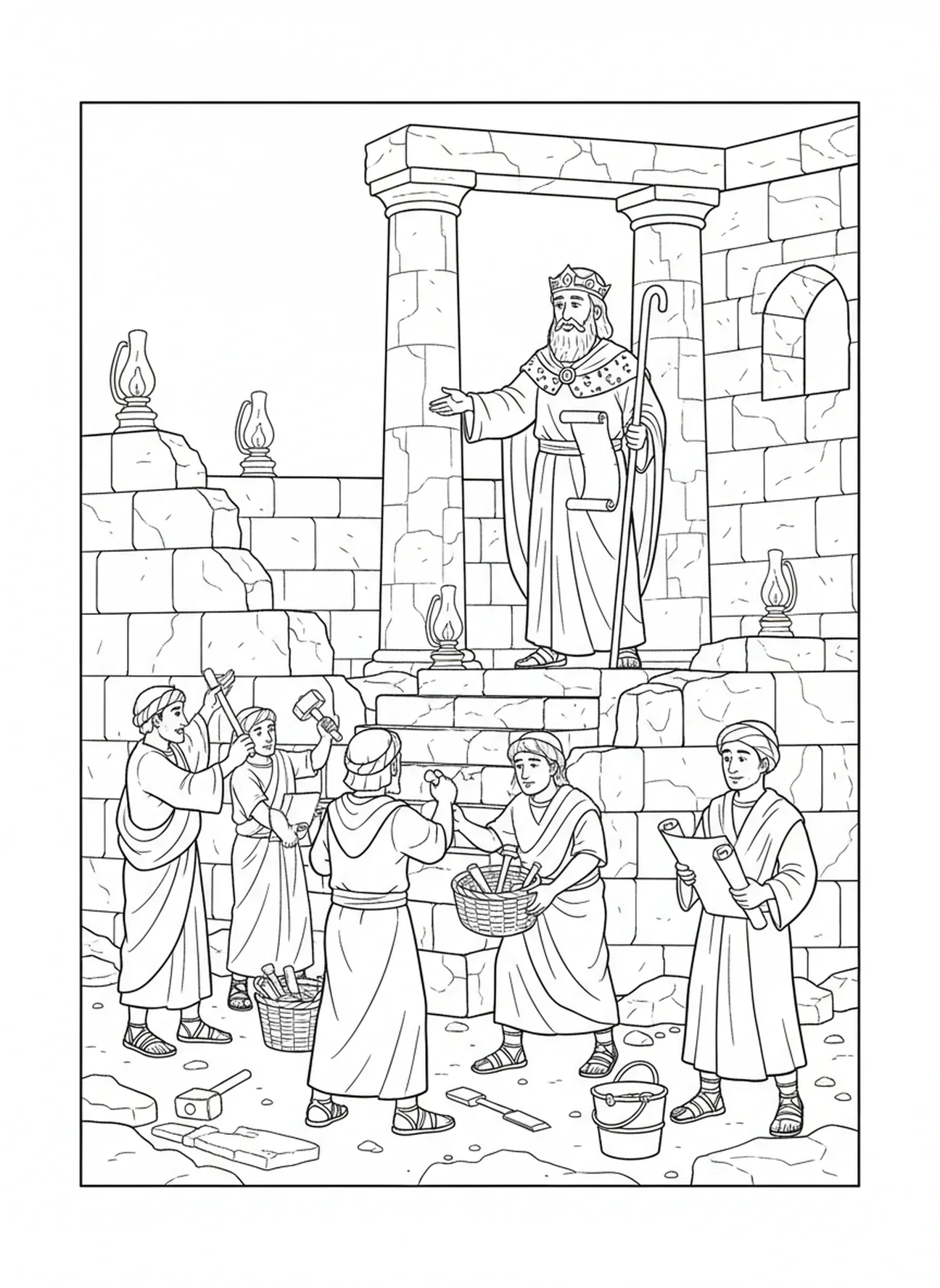 Hiskia beaufsichtigt die Tempelreparaturen, Hiskia Ausmalbild für Sonntagsschulkinder im Alter von 5-12 Jahren.