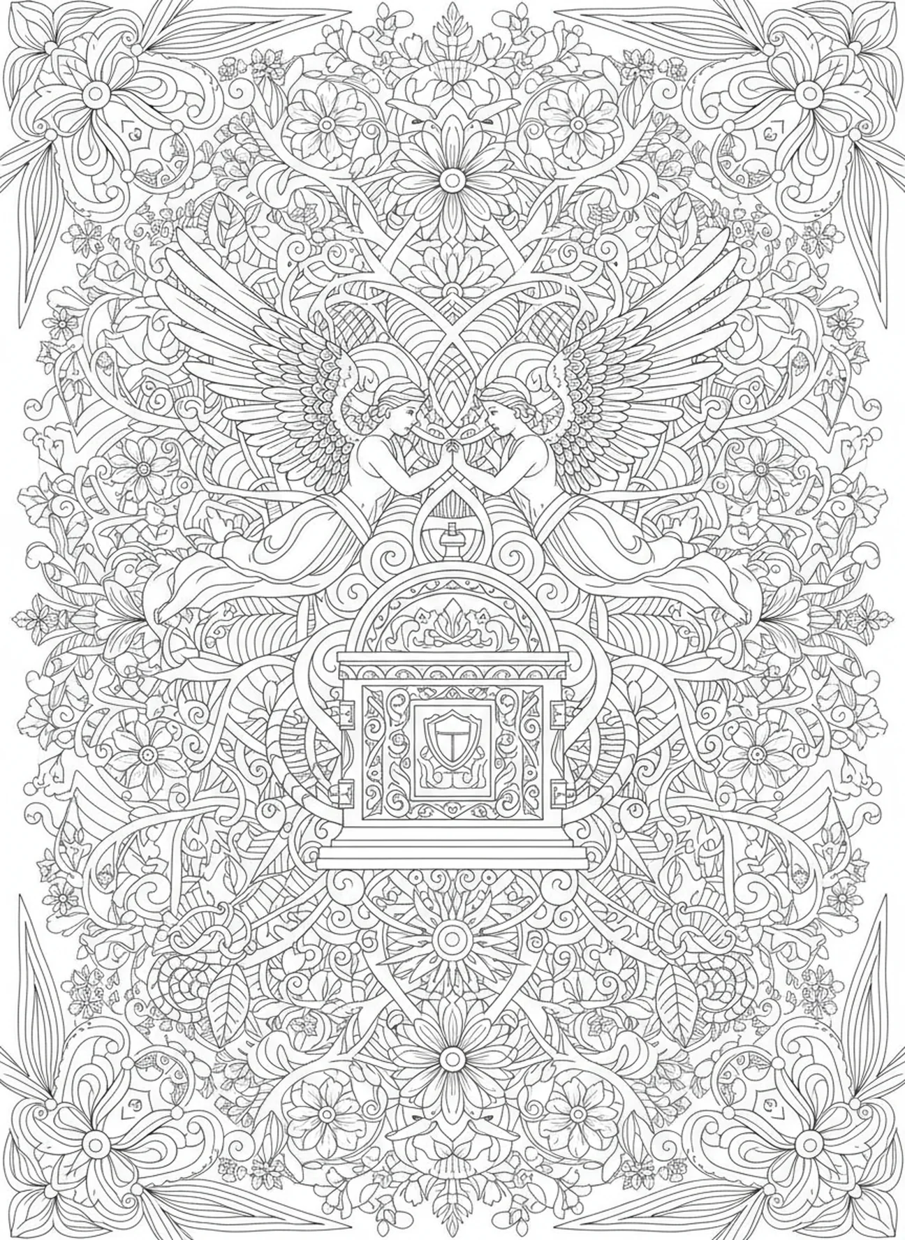 Querubins guardando a Arca, página de colorir do Santo dos Santos para adultos no estilo de journaling bíblico