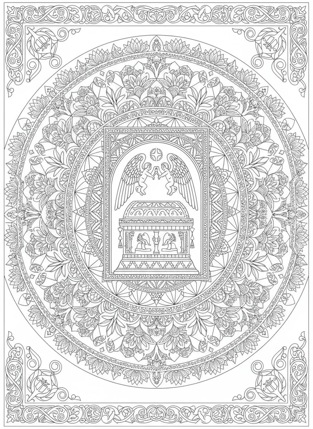 Espaço sagrado do Santo dos Santos, página para colorir Santo dos Santos no estilo de journaling bíblico para adultos
