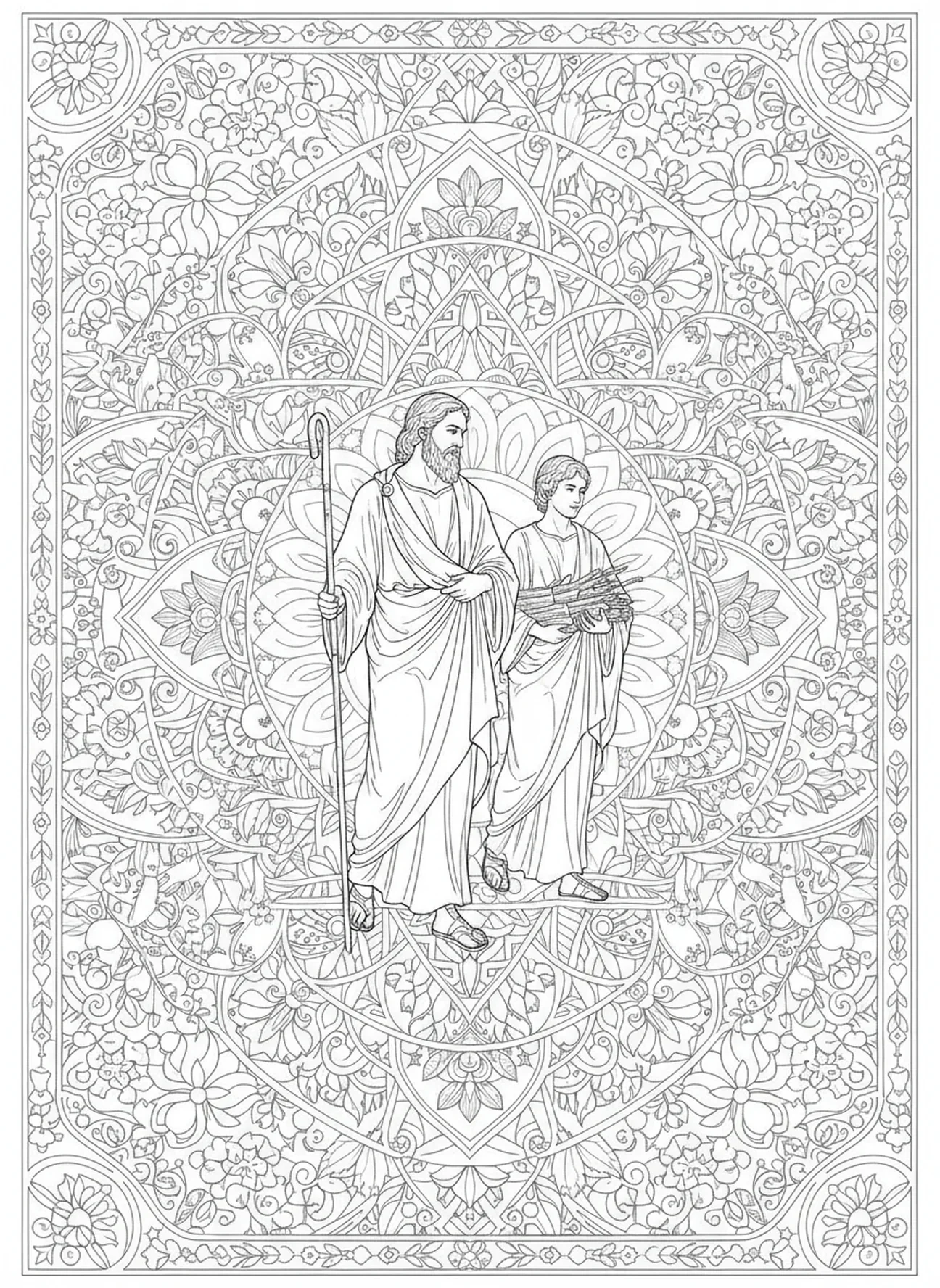 Abraham und Isaak auf einer Reise, Ausmalbild von Isaaks Segnung im Stil des Bibeljournaling für Erwachsene