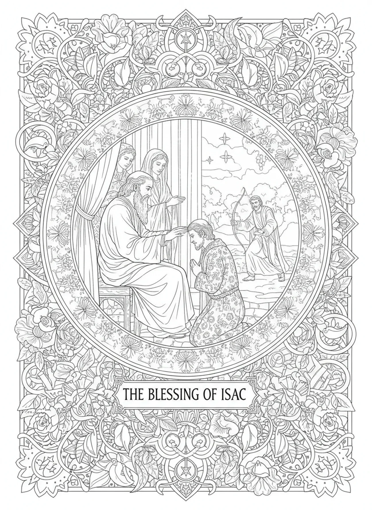 Die Segnungszeremonie von Isaak, Ausmalbild zur Segnung Isaaks für Erwachsene im Bibel-Journaling-Stil