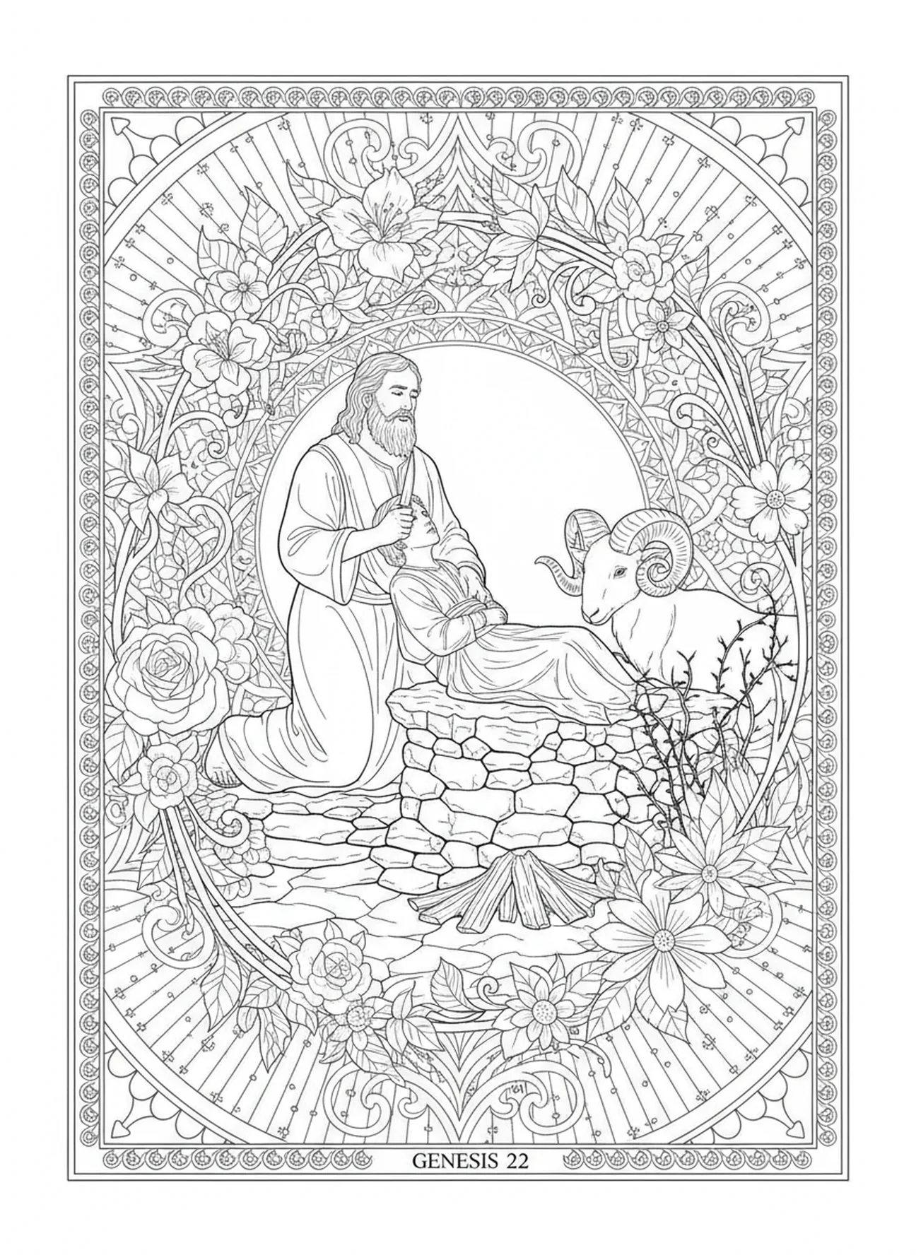 Abraham bereitet den Altar vor, Isaaks Segnung Ausmalbild für Erwachsene im Stil des Bibel-Journalings