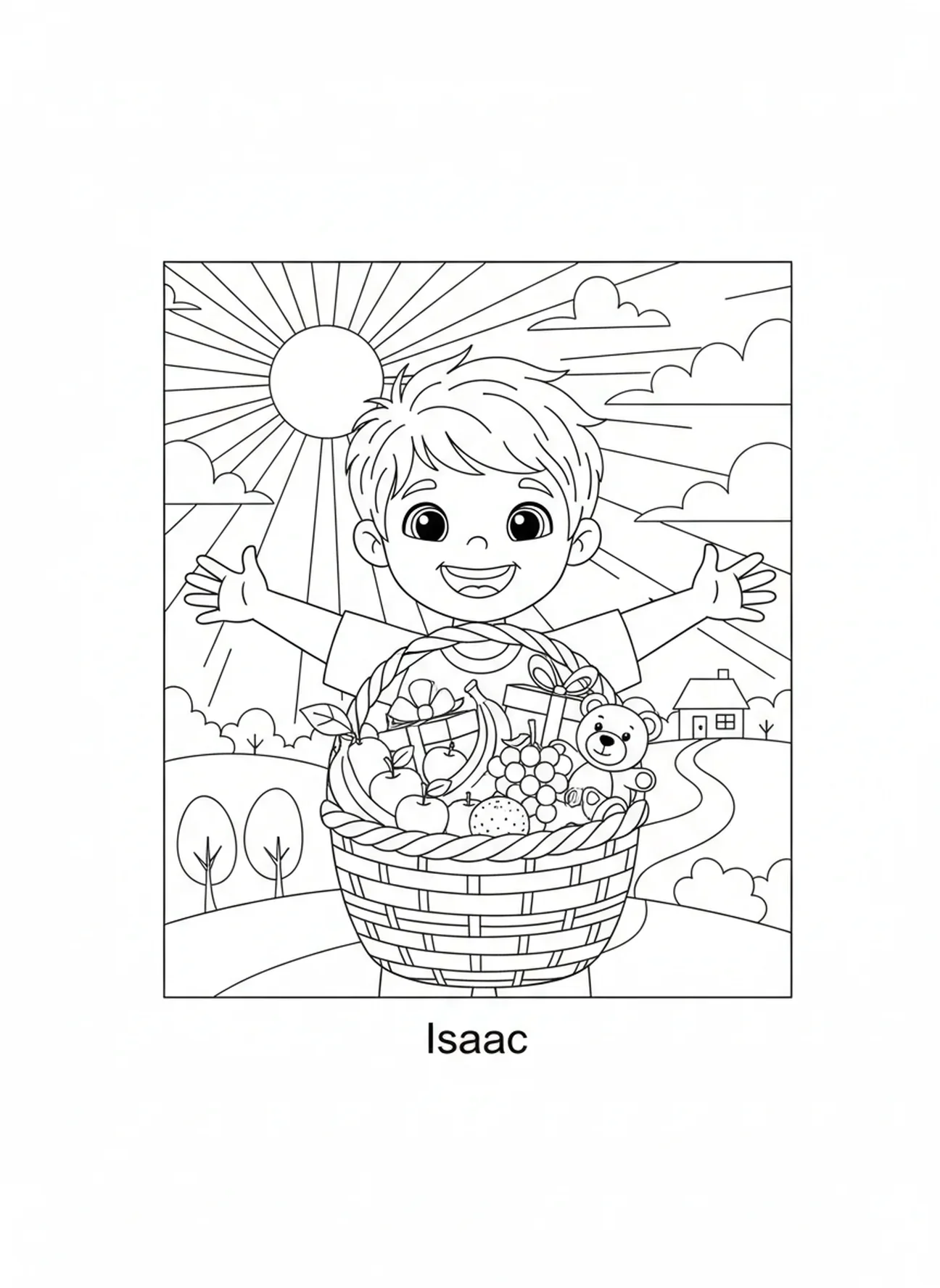 Isaque com cesta de presentes, página para colorir da Benção de Isaque para crianças de 5 a 10 anos