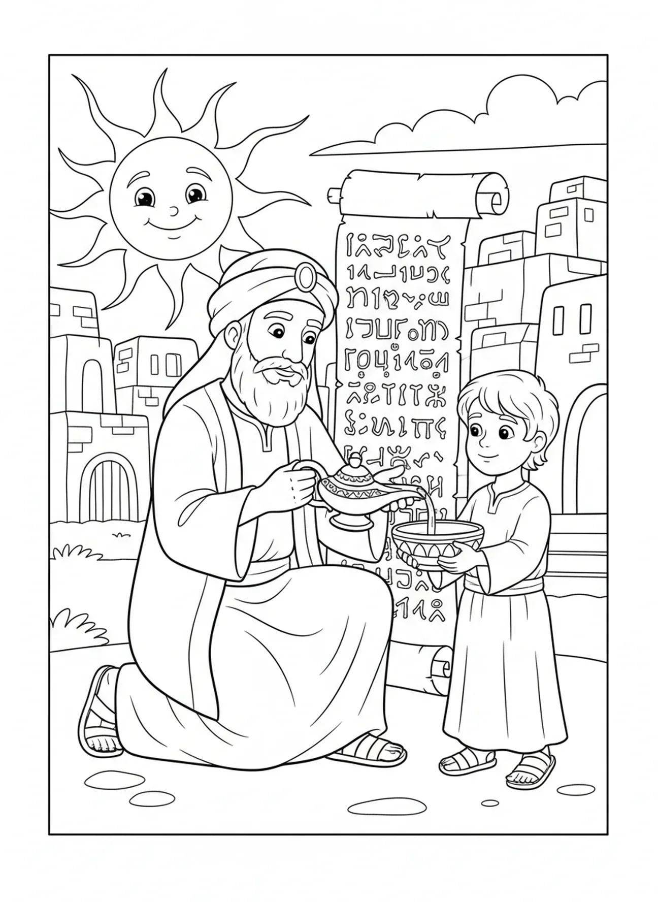 Abraham préparant à oindre Isaac avec de l'huile, page à colorier de la bénédiction d'Isaac pour les enfants de l'École du dimanche âgés de 5 à 12 ans.