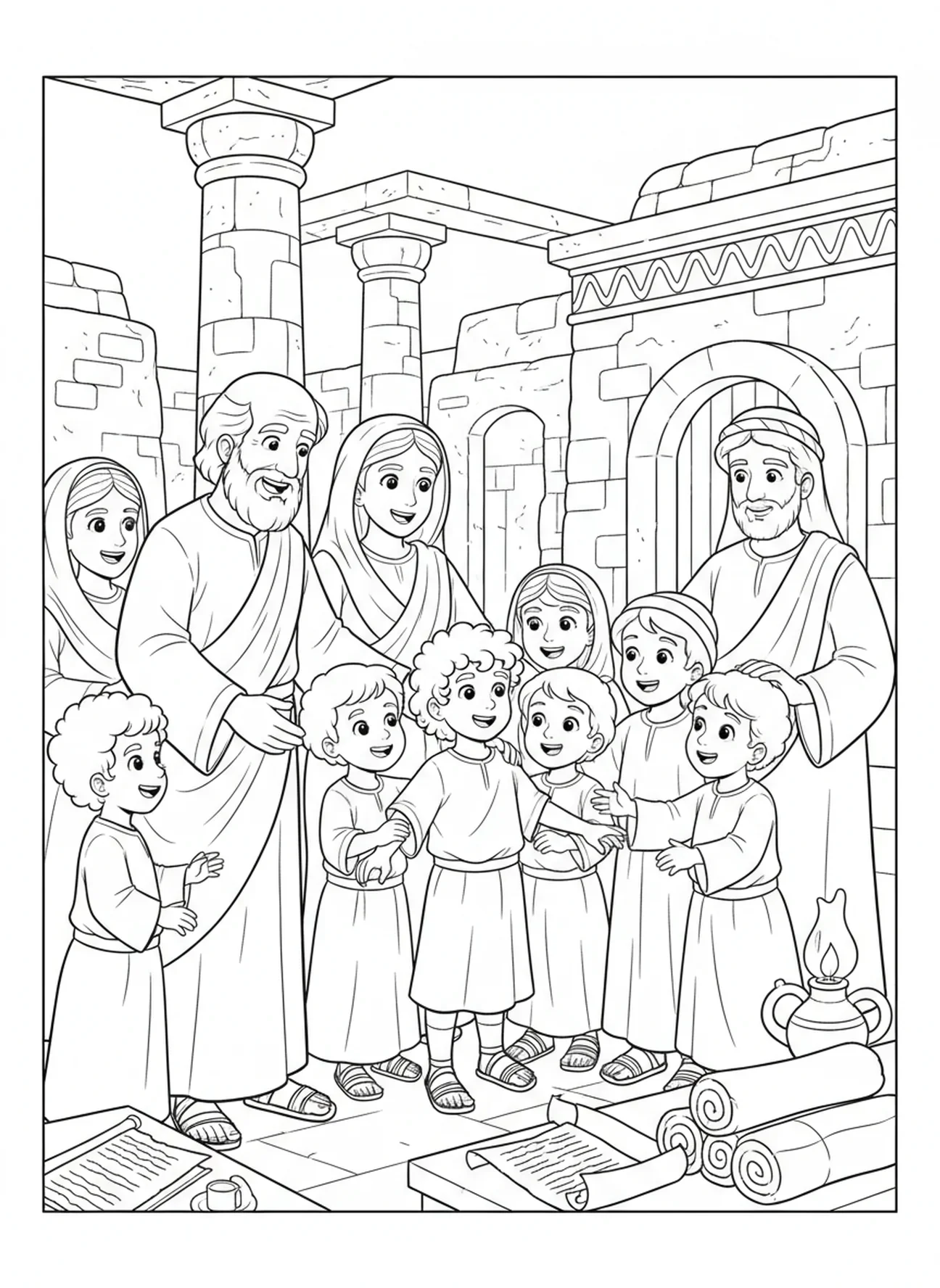 Famille célébrant la bénédiction d'Isaac, page à colorier sur la bénédiction d'Isaac pour les enfants de l'École du dimanche âgés de 5 à 12 ans.