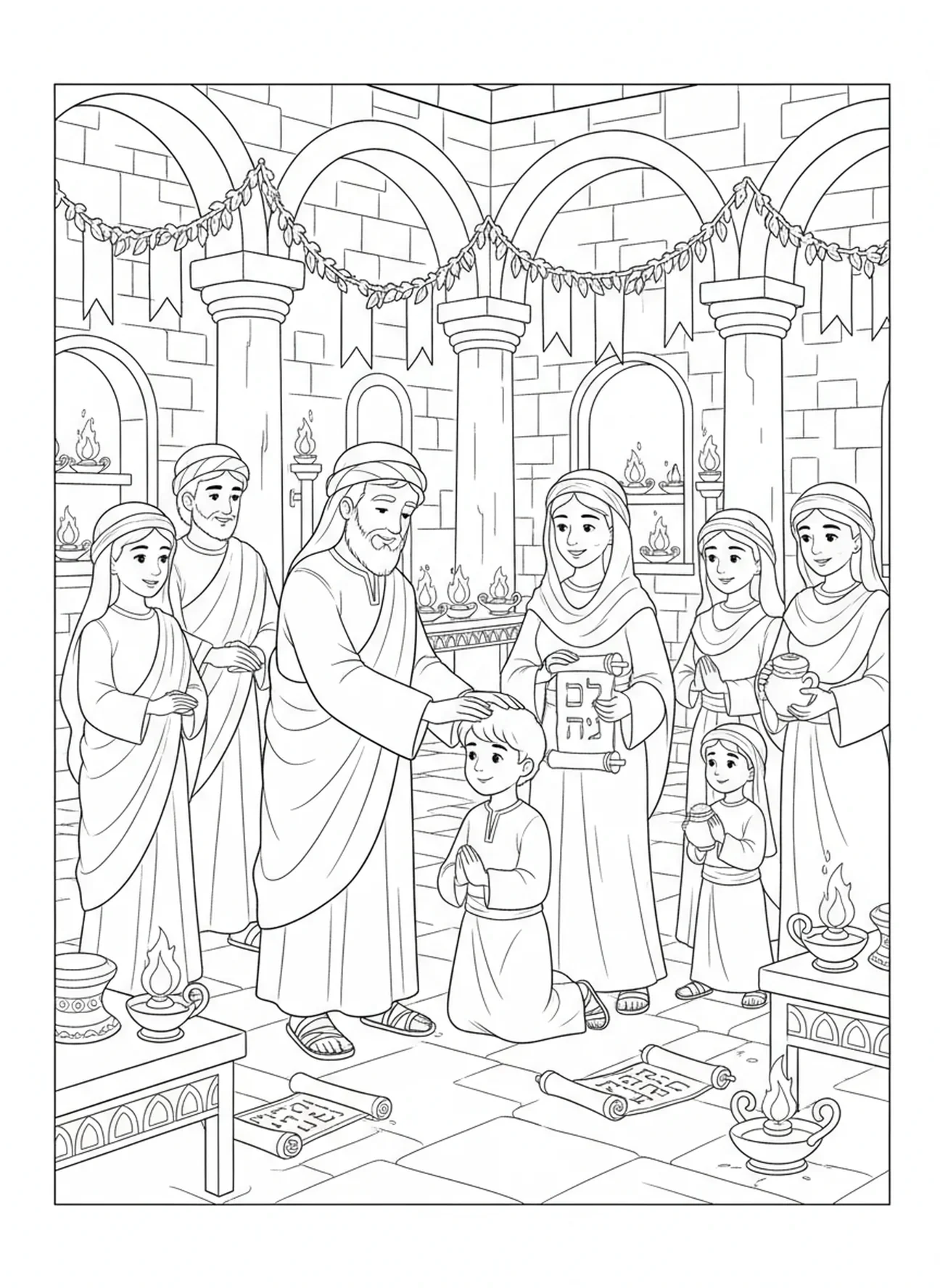 Cérémonie de bénédiction d'Isaac avec sa famille, page à colorier sur la bénédiction d'Isaac pour les enfants de l'École du dimanche âgés de 5 à 12 ans.