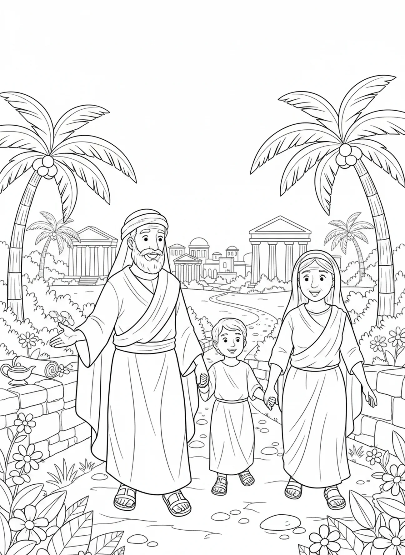 Isaac voyageant avec Abraham et Sarah, page à colorier sur la bénédiction d'Isaac pour les enfants de l'École du dimanche âgés de 5 à 12 ans.