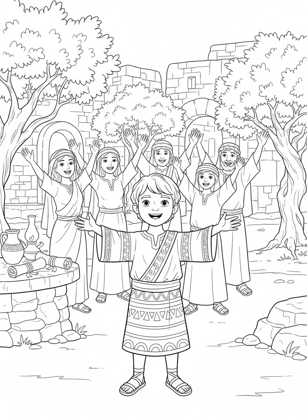 Isaac portant une robe colorée, page à colorier de la bénédiction d'Isaac pour les enfants de l'École du dimanche âgés de 5 à 12 ans.