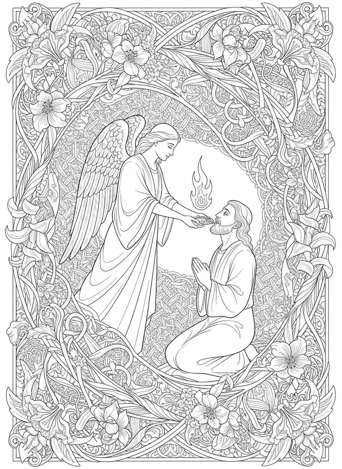 Ein Engel hält eine glühende Kohle, Jesaja 6 Vision Thron Ausmalbild für Erwachsene im Stil des Bibel-Journaling.
