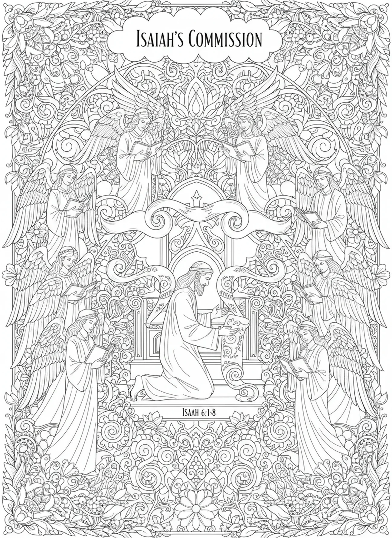 Jesaja kniet vor dem Thron, Jesaja 6 Vision Thron Ausmalbild für Erwachsene im Bibel-Journaling-Stil.