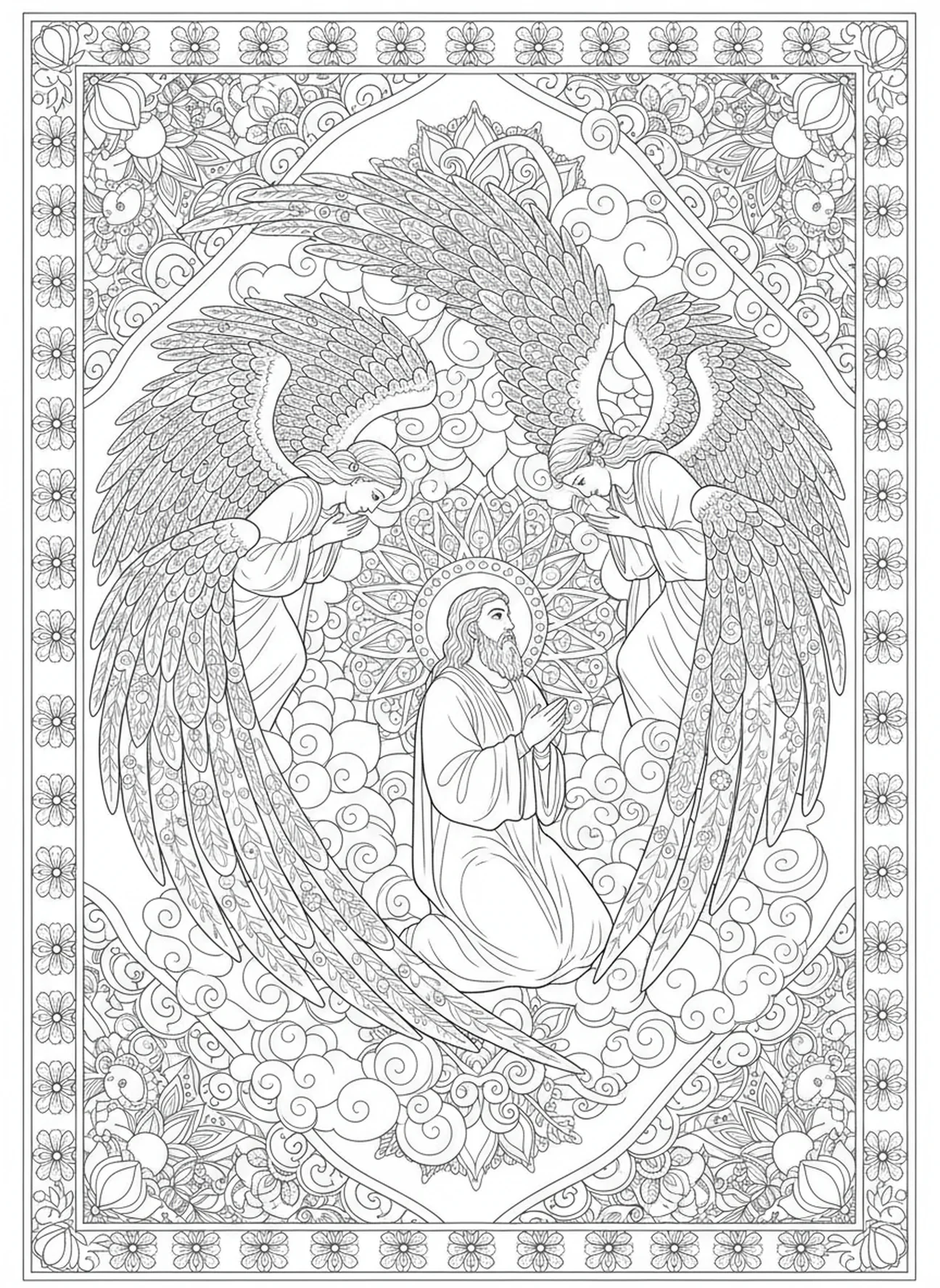 Drei majestätische Seraphim, Farbseite zur Vision des Thrones aus Jesaja 6 für Erwachsene im Stil des Bibel-Journalings.