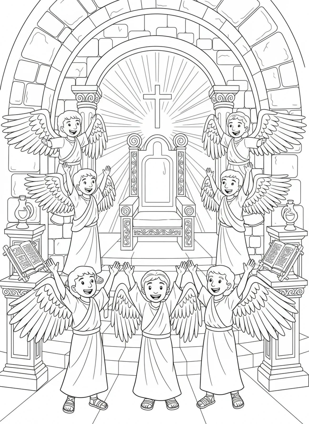 Êtres célestes louant Dieu, page à colorier de la vision du trône d'Isaïe 6 pour les enfants de l'École du dimanche âgés de 5 à 12 ans.