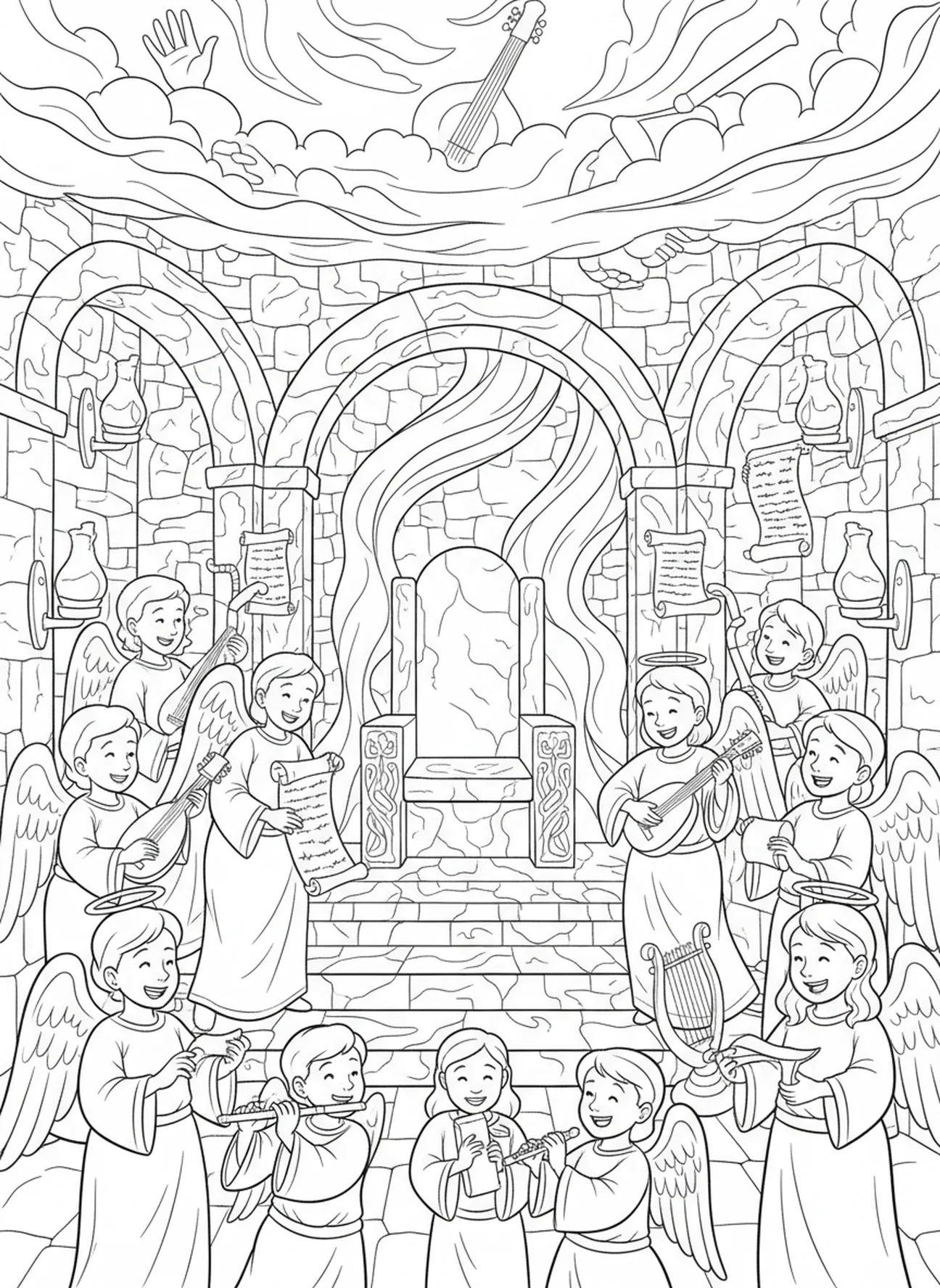Êtres célestes avec des instruments, page à colorier de la vision du trône d'Isaïe 6 pour les enfants de l'École du dimanche âgés de 5 à 12 ans.