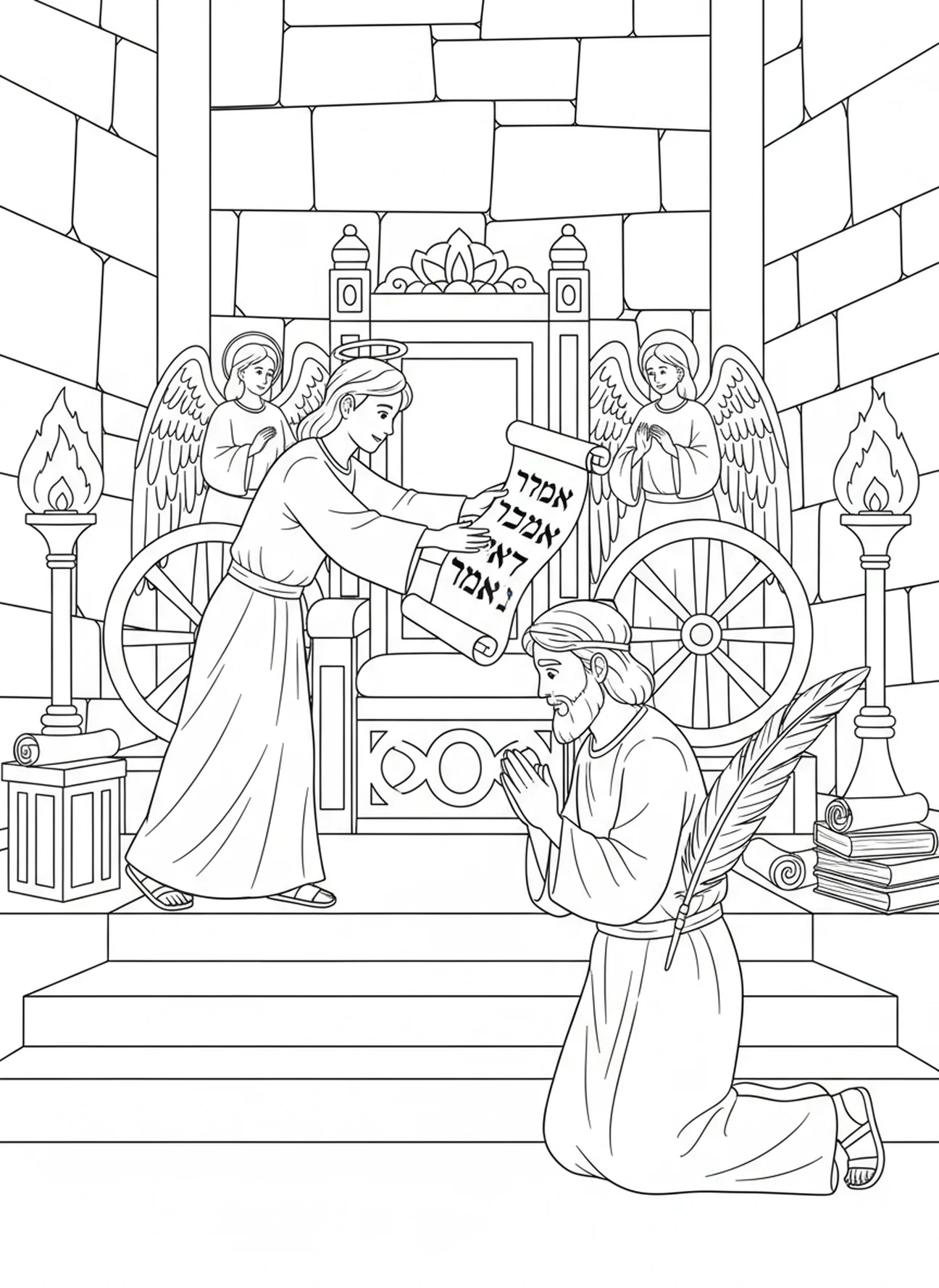 Isaïe recevant un rouleau, page à colorier de la Vision du Trône d'Isaïe 6 pour les enfants de l'École du dimanche âgés de 5 à 12 ans.