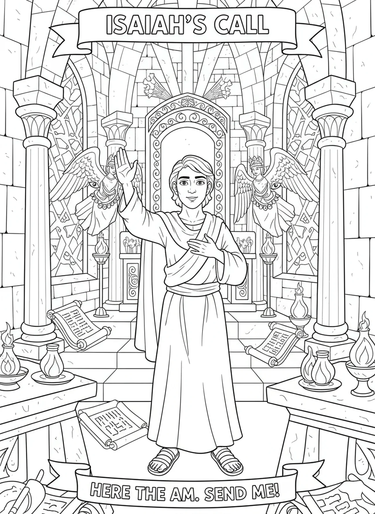 Isaïe prêt à servir Dieu, page à colorier sur la vision du trône d'Isaïe 6 pour les enfants de l'École du dimanche âgés de 5 à 12 ans.