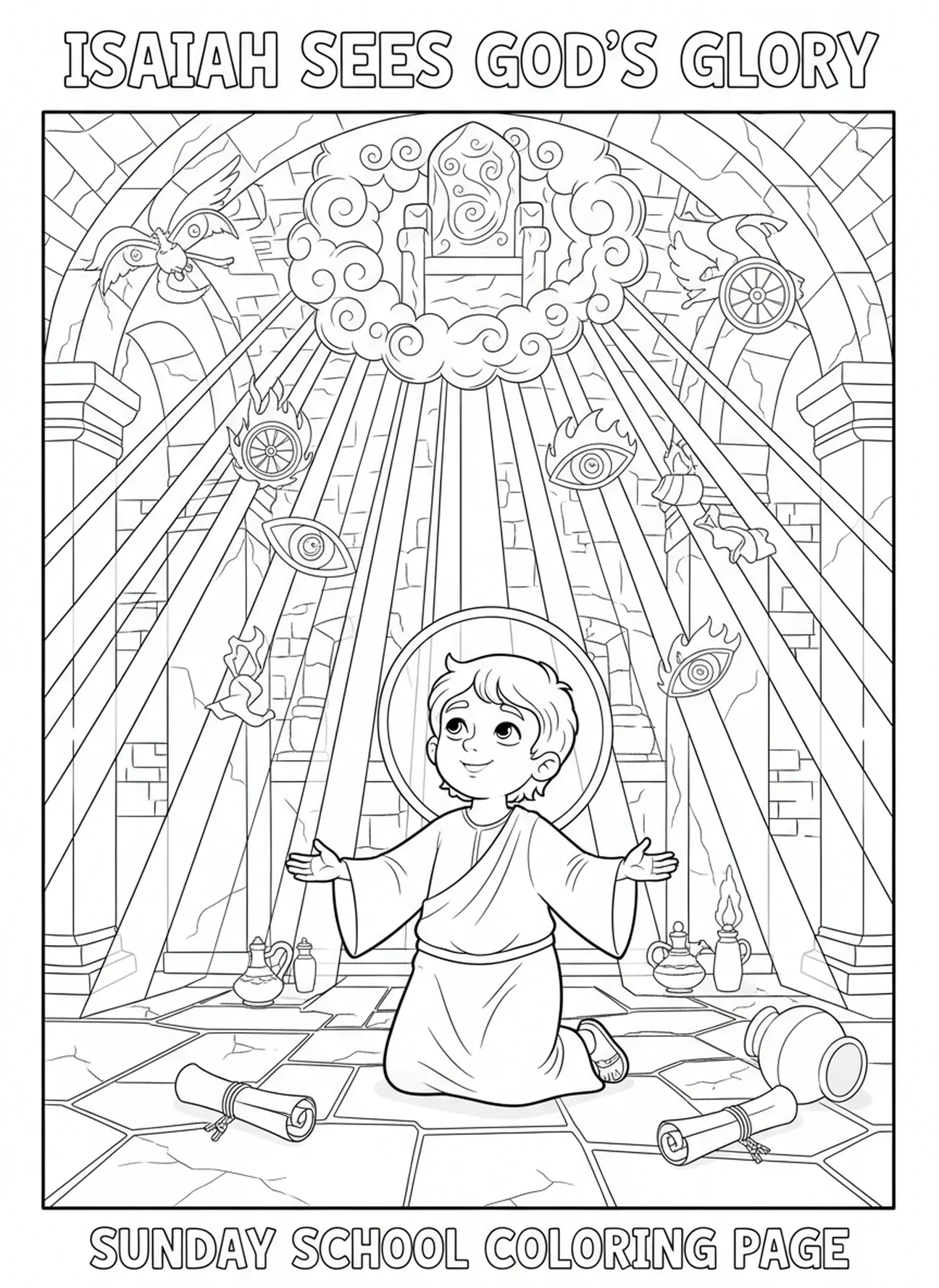Isaïe témoignant de la gloire de Dieu, page à colorier sur la vision du trône d'Isaïe pour les enfants de l'École du dimanche âgés de 5 à 12 ans.