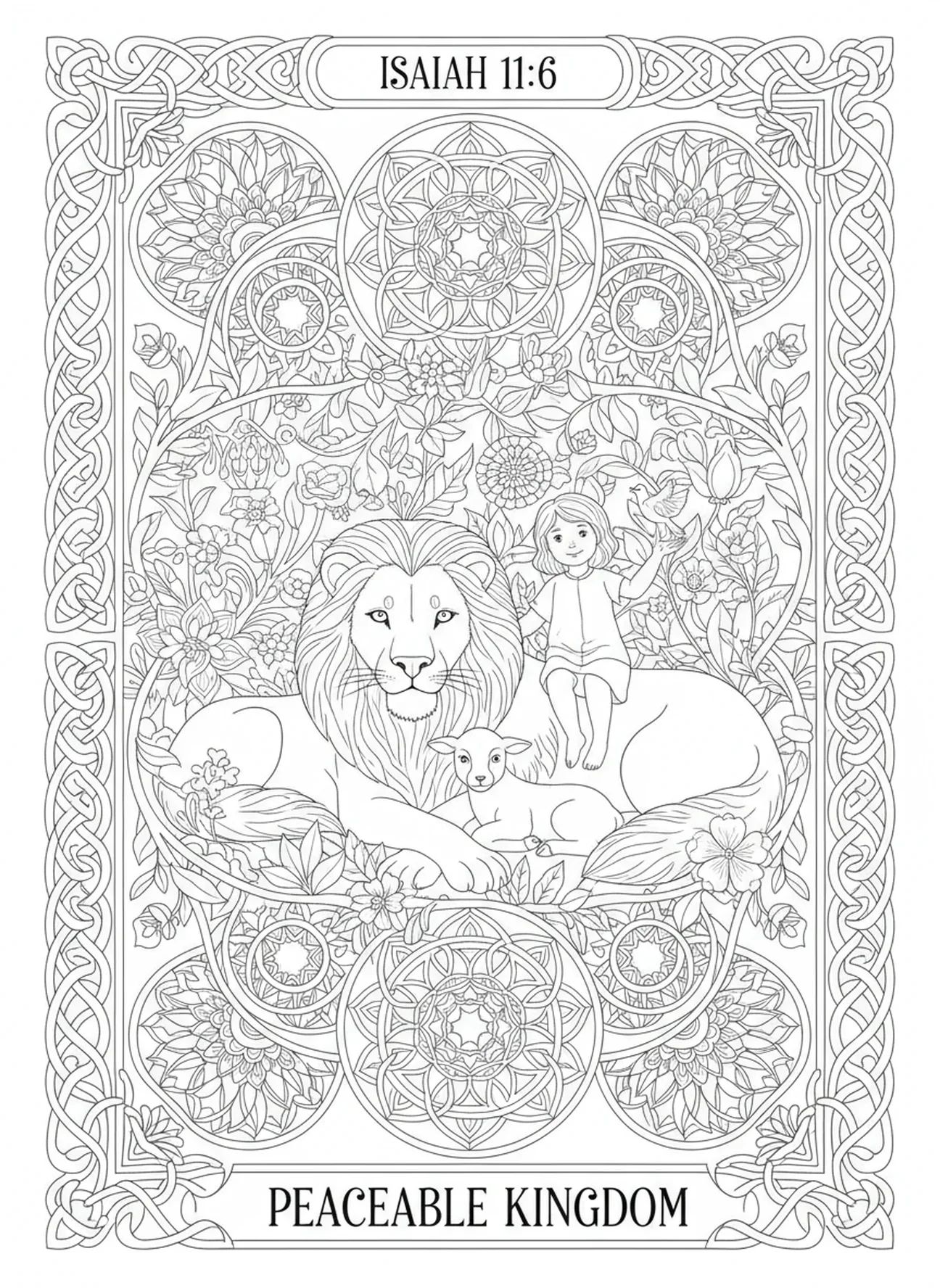 Löwe und Wolf in Frieden, Jesaja Ausmalbild für Erwachsene im Bibel-Journaling-Stil.