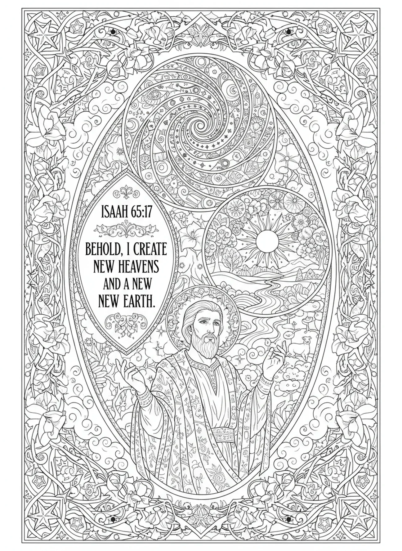 Vision von neuen Himmel und Erde, Jesaja Ausmalbild für Erwachsene im Bibel-Journaling-Stil.