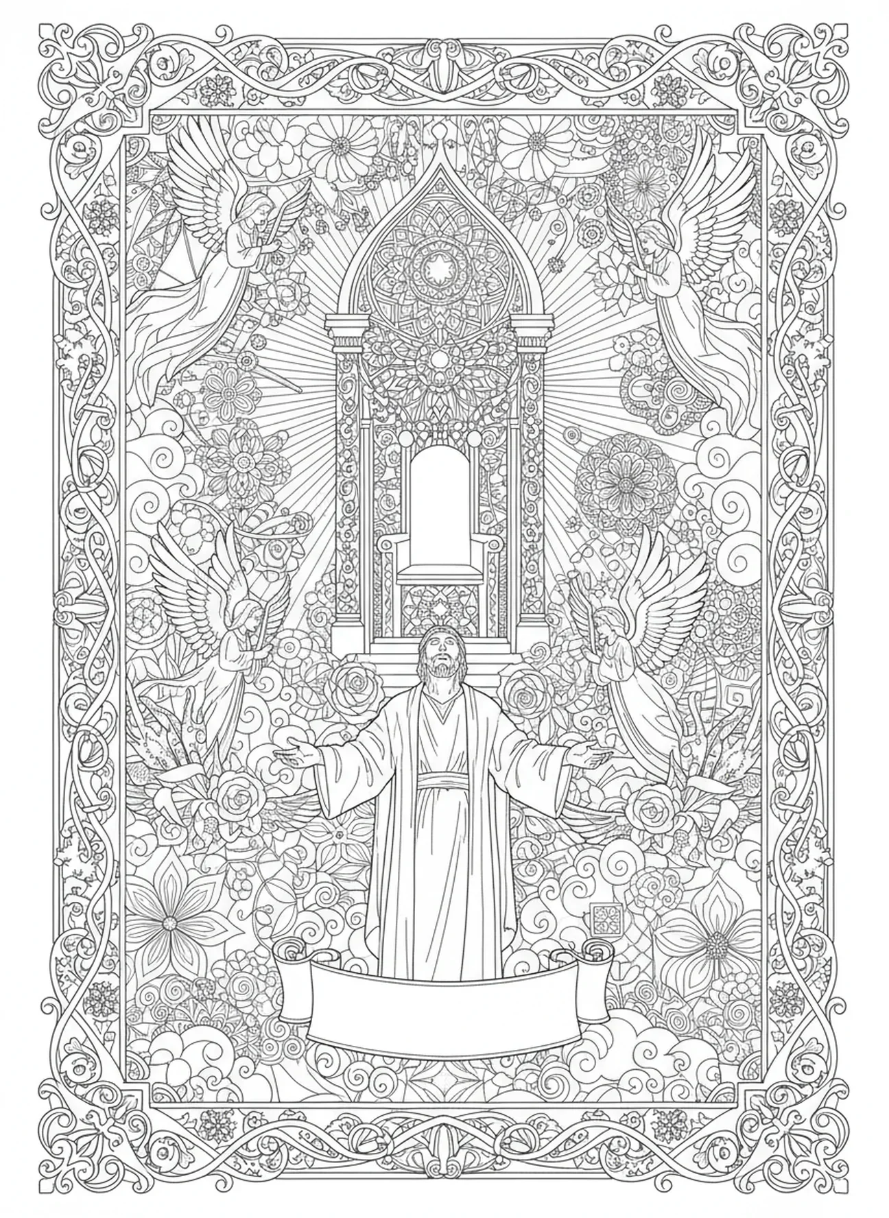 Jesaja vor dem Thron Gottes, Ausmalbild für Erwachsene im Stil des Bibeljournaling.