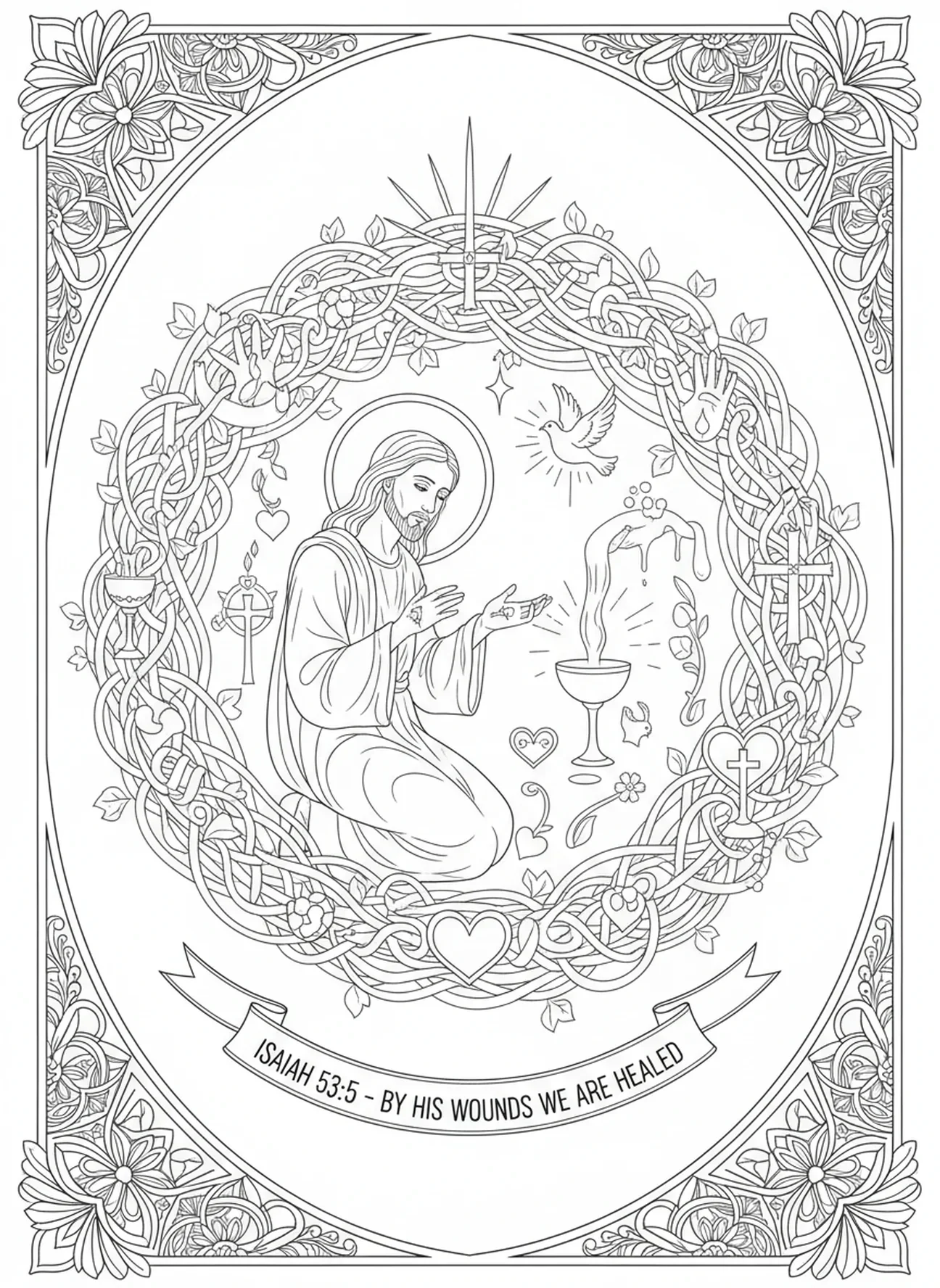 Vision des Verwundeten Heilers, Jesaja Ausmalbild für Erwachsene im Bibel-Journaling-Stil.