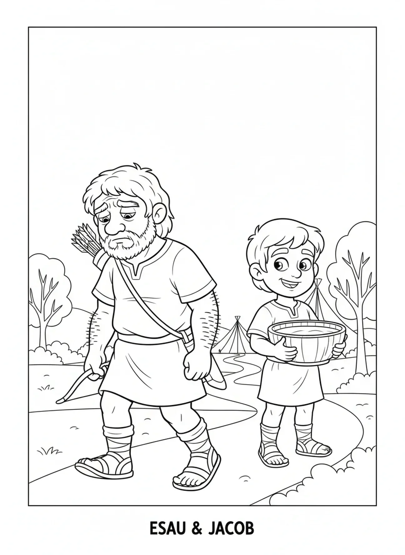 Esau regresando a casa, Jacob y Esaú, página para colorear sobre la primogenitura de Esaú y el guiso, para niños de 5 a 10 años.