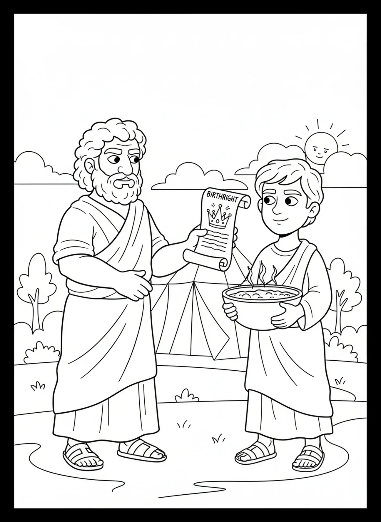 Esau vendiendo su primogenitura, página para colorear de Jacob y Esau con Esau, primogenitura y guiso para niños de 5 a 10 años.