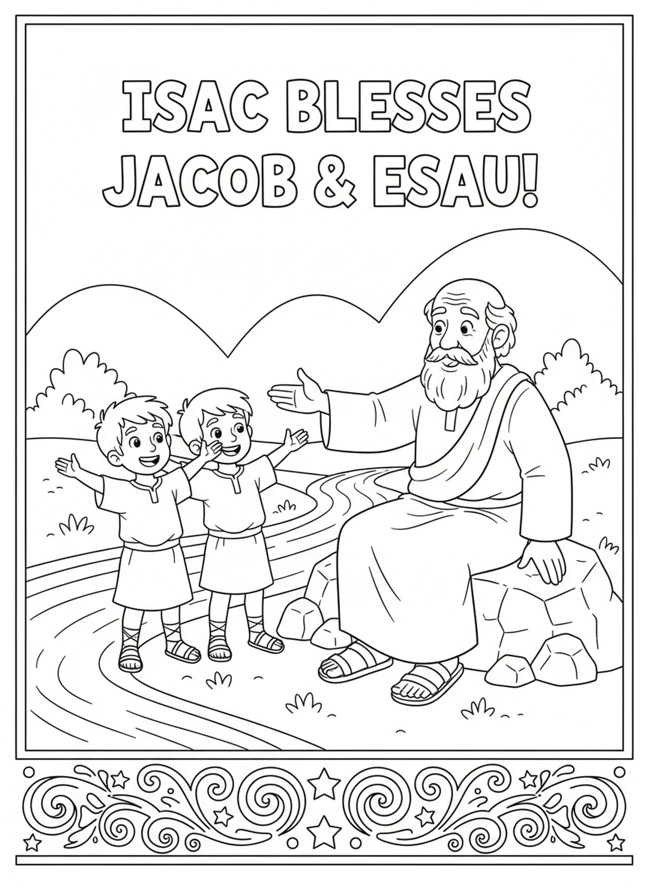 Izaak błogosławi Jakuba i Ezawa, kolorowanka Izaak błogosławi Jakuba i Ezawa dla dzieci w wieku 5-10 lat.